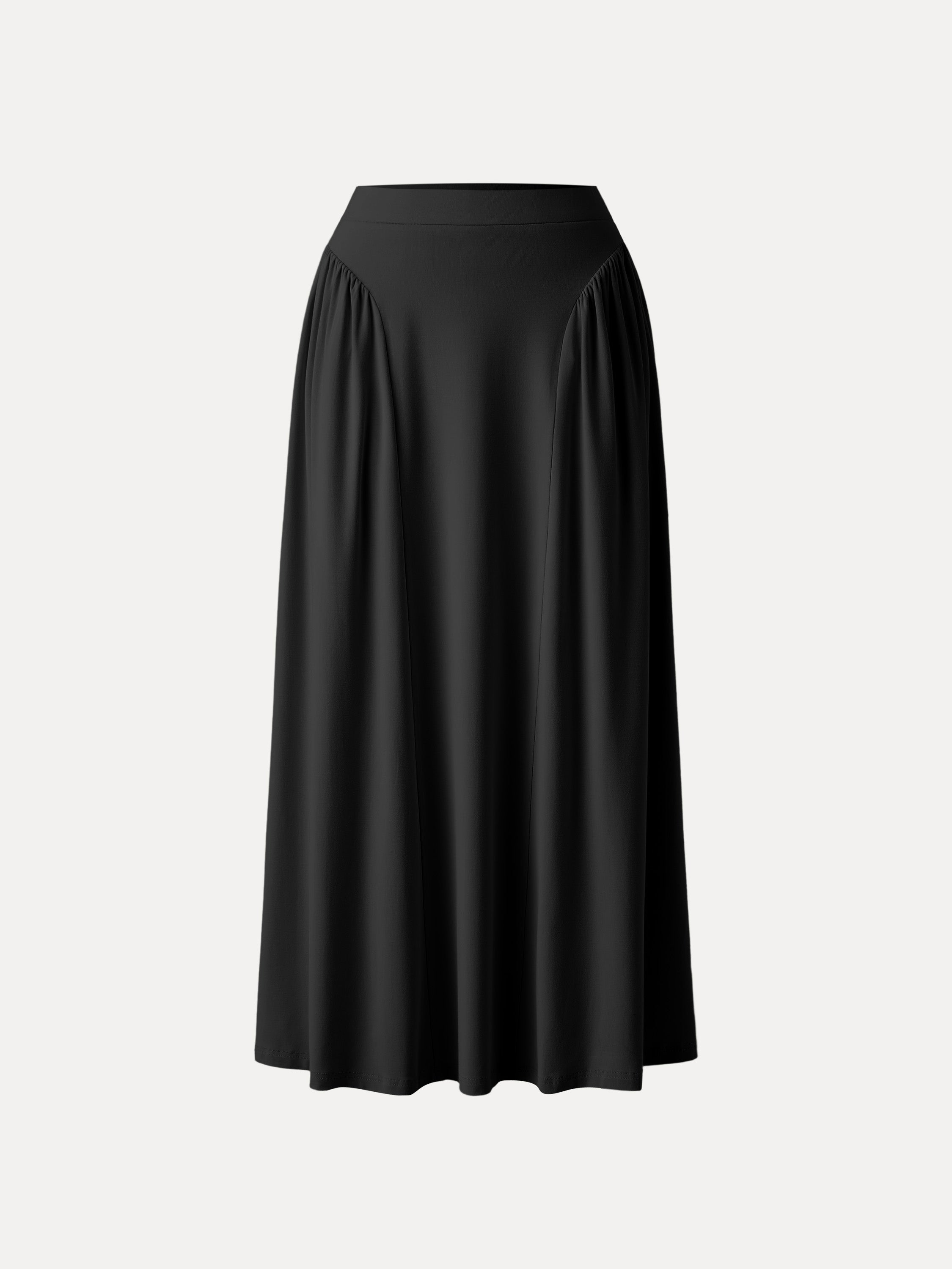 Curved Gathering Flared Midi Skirt with Pockets
