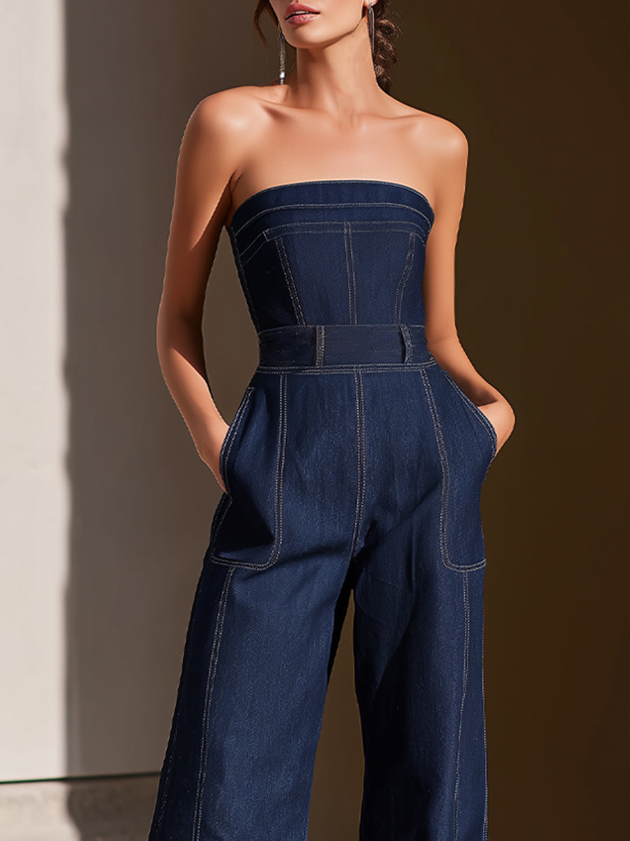 Léon Varel Dark Denim Strapless Wide-Leg Jumpsuit