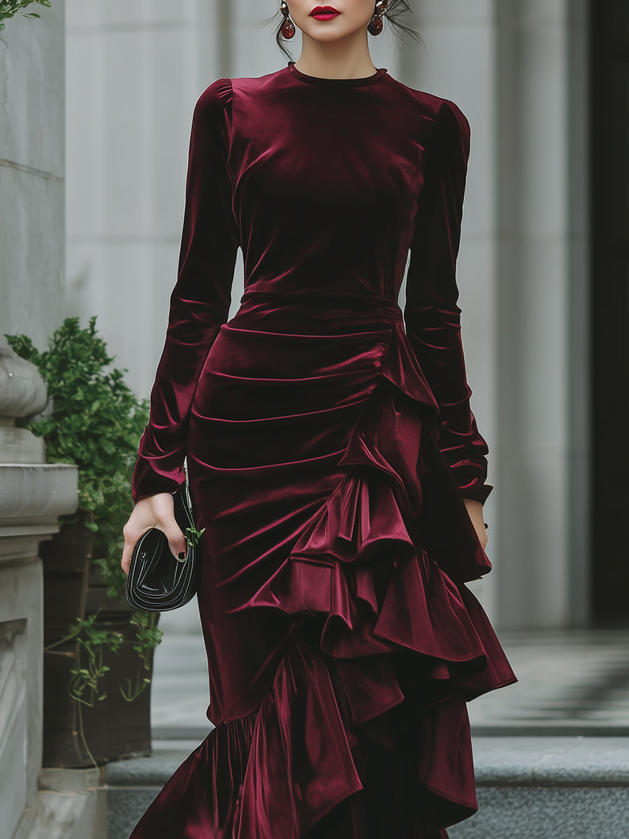 Léon Varel Long Sleeve Ruffled Tier Evening Gown