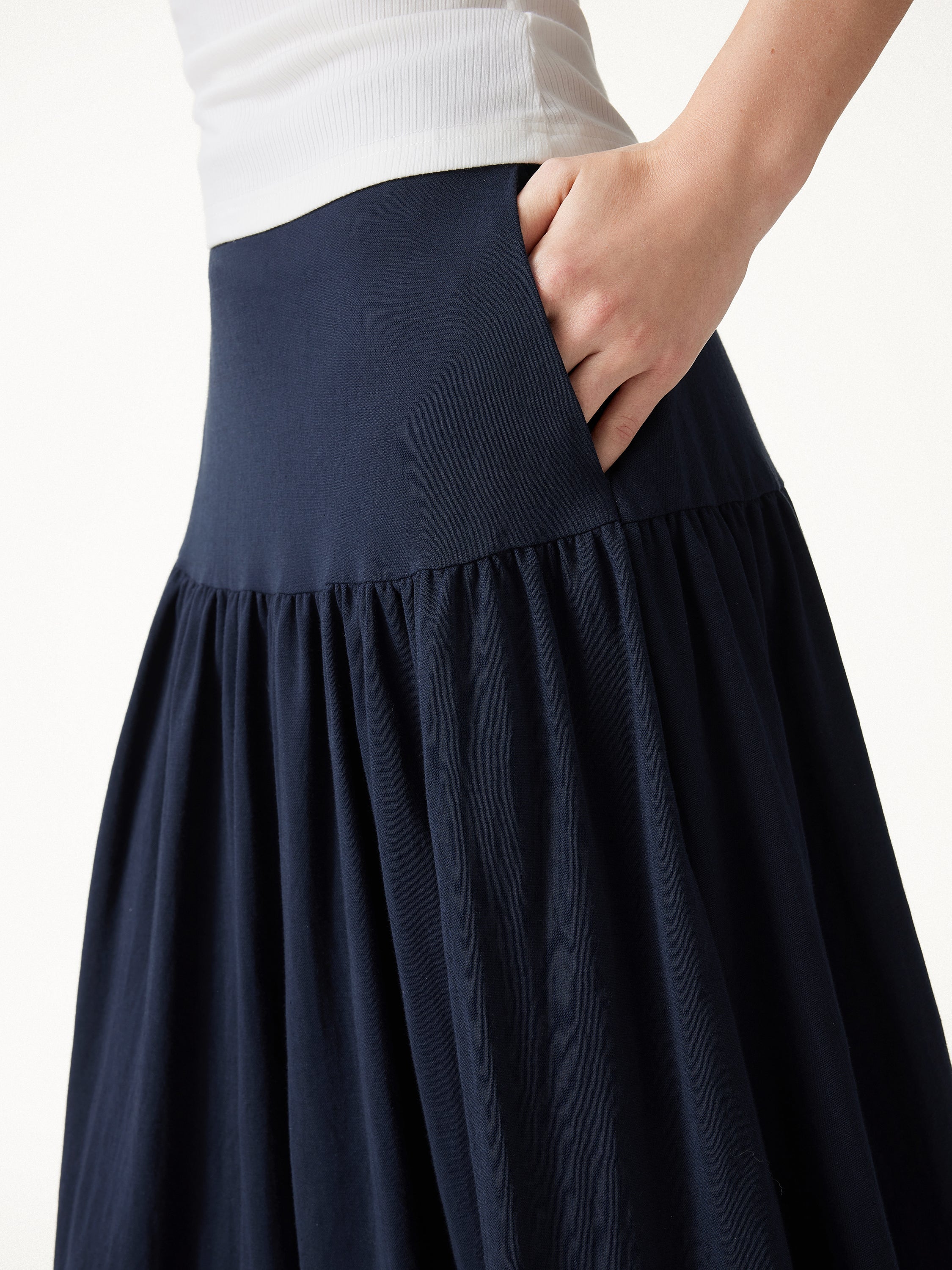 Cotton-Linen Gathered Midi Skirt with Pockets