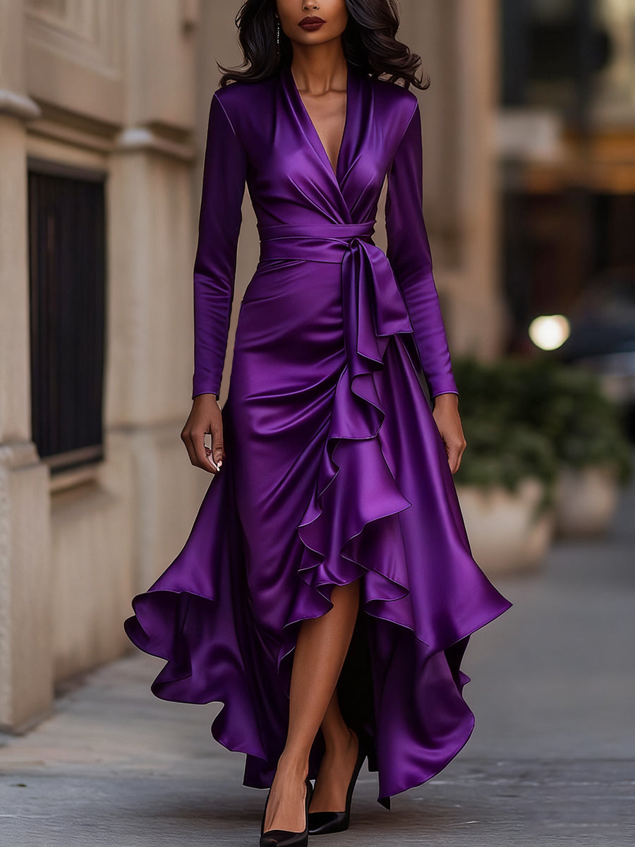 Léon Varel Midnight Blue Draped Satin Maxi Dress With Ruffle Details