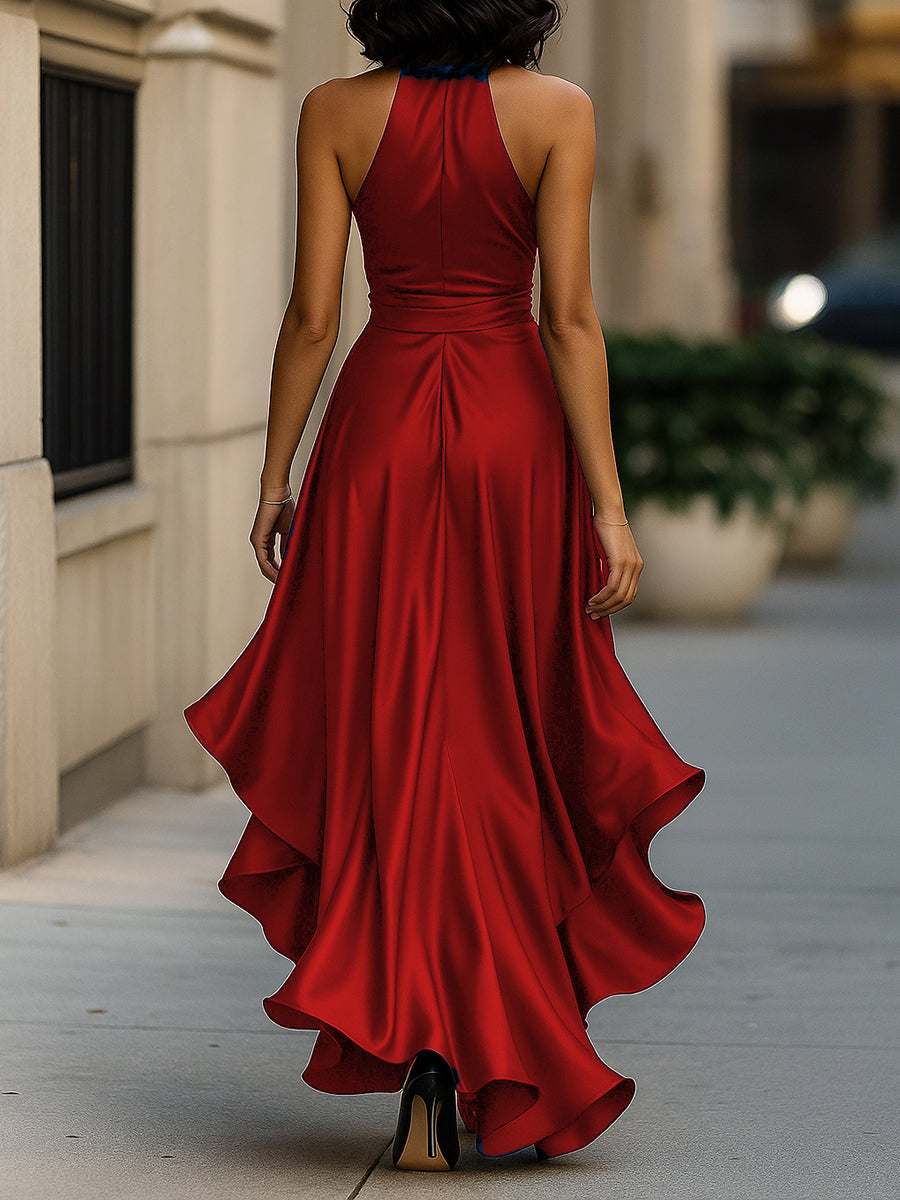 Léon Varel Midnight Elegance Satin Halter Ruffle Gown