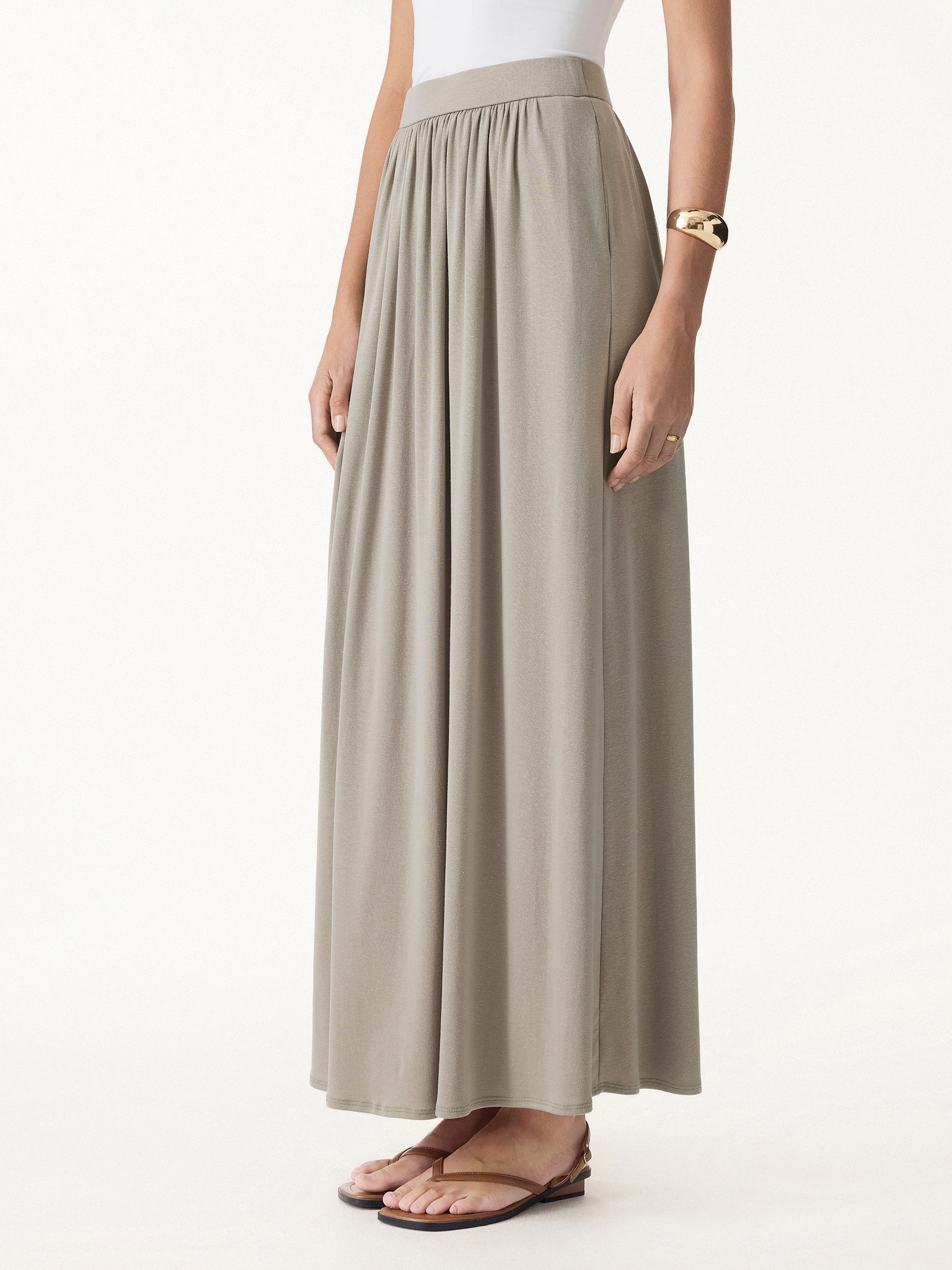 Soft Linen Knit Gathered A-Line Maxi Skirt with Pockets
