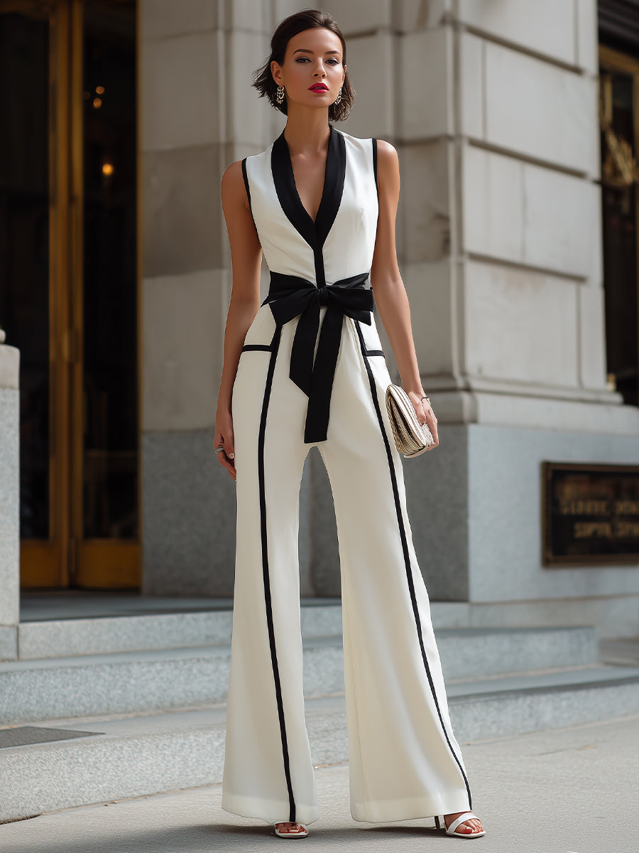 Léon Varel Contrast Trim Belted Wide-Leg Jumpsuit