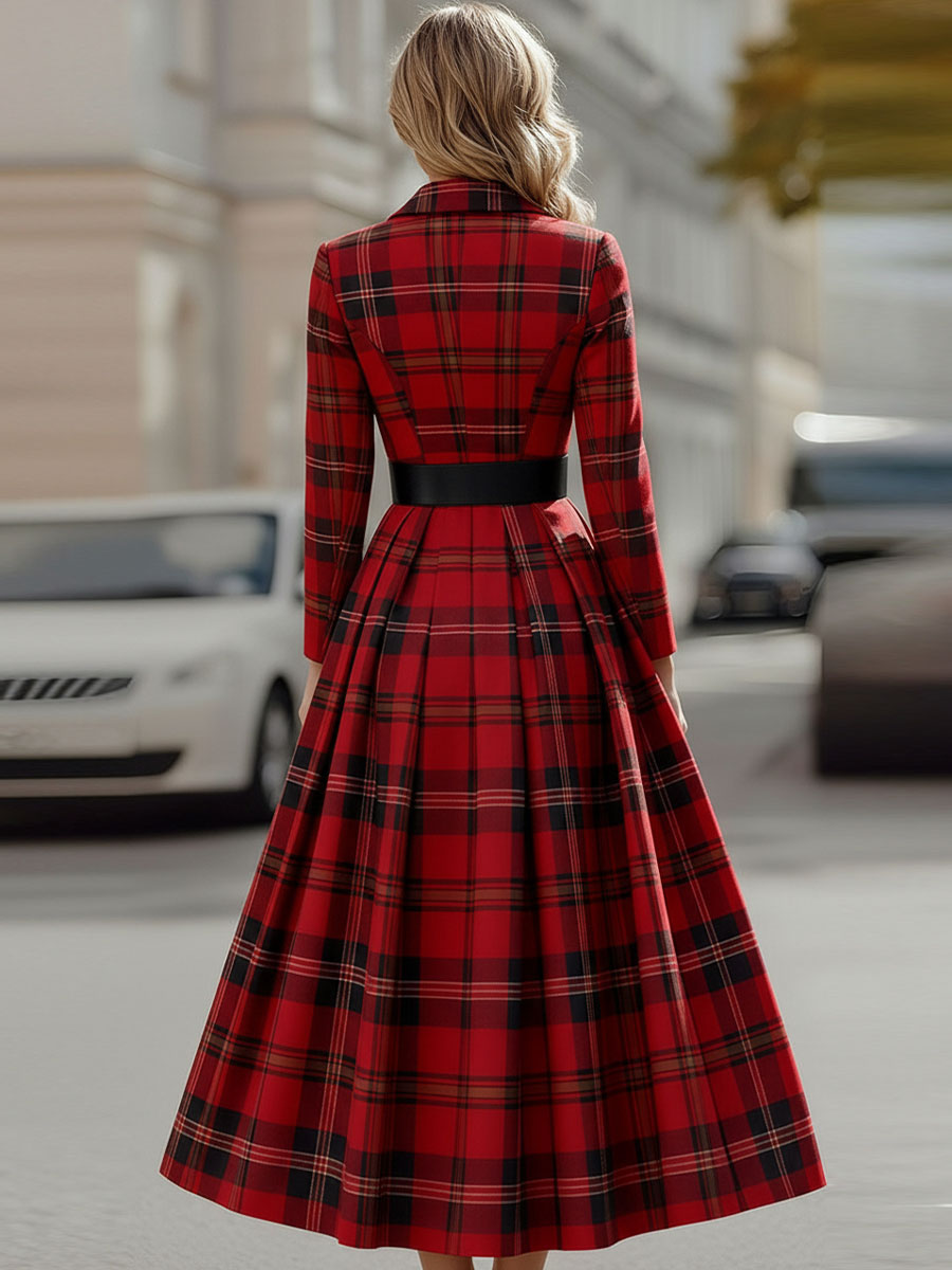 Léon Varel Mooyius Statement Red Plaid Trench Dress With Gold Buckle Belt