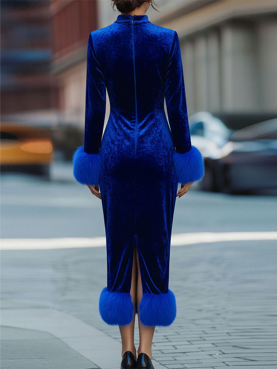 Léon Varel Glamorous Royal Blue Velvet Dress With Feather Trims