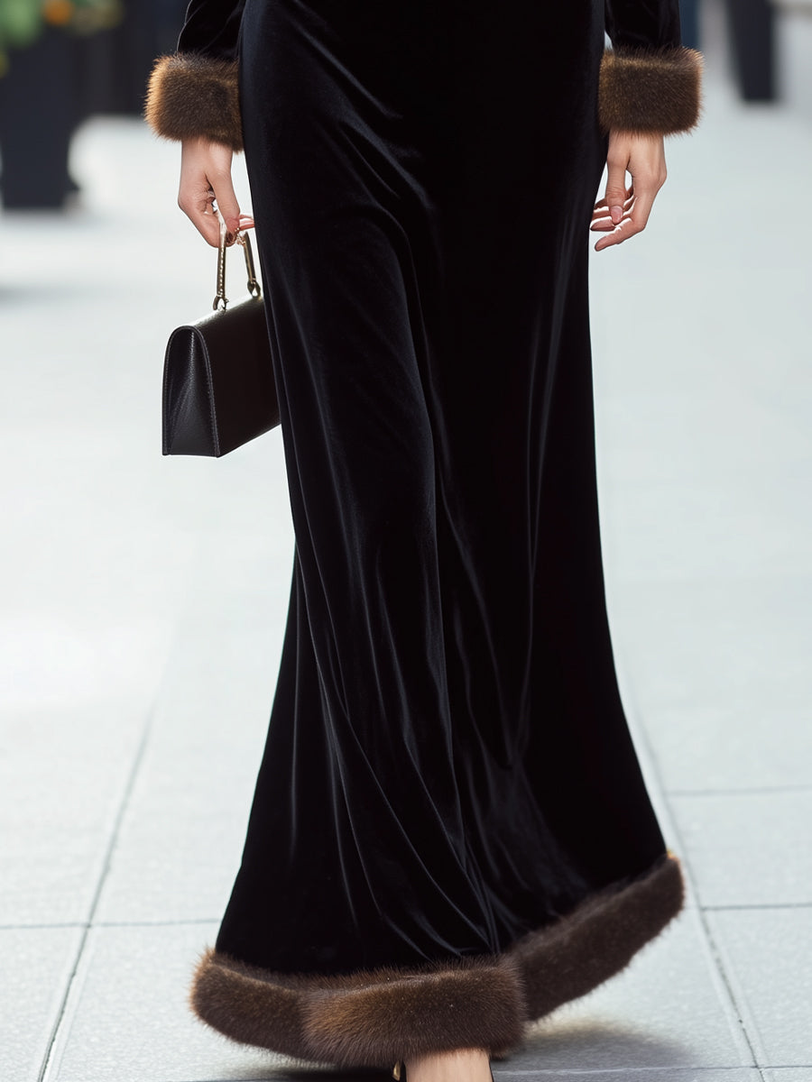 Léon Varel Luxurious Black Velvet Gown With Faux Fur Trim