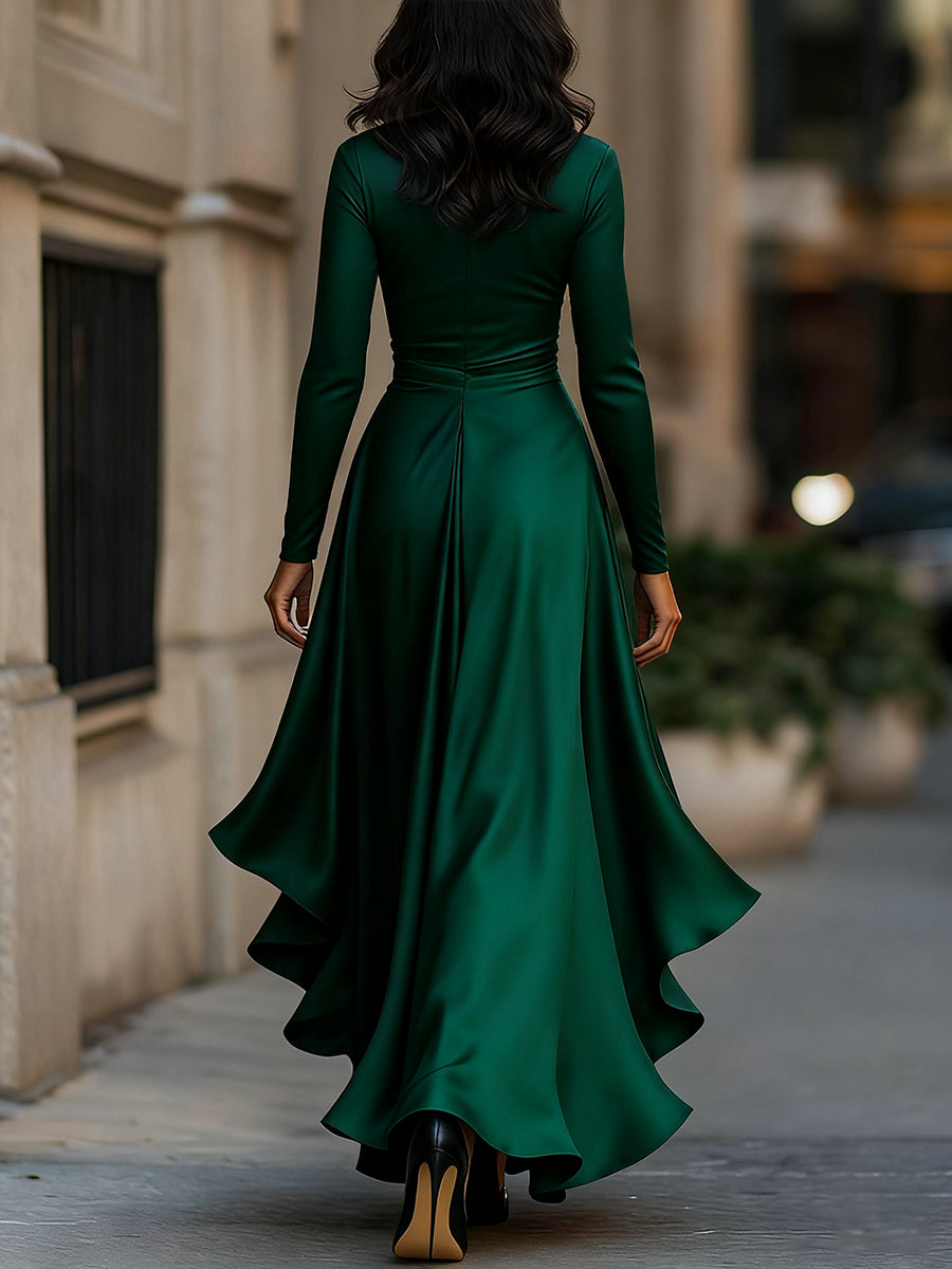 Léon Varel Midnight Blue Draped Satin Maxi Dress With Ruffle Details