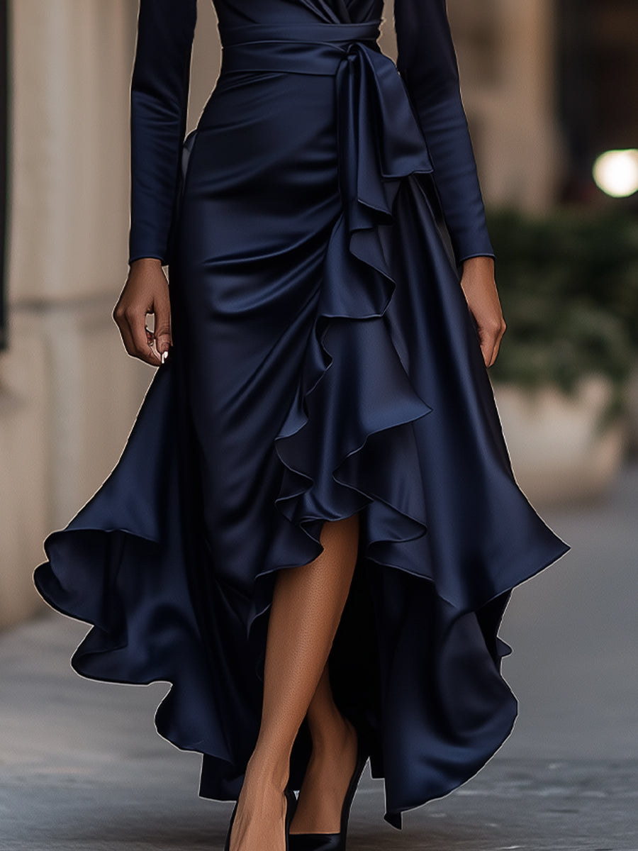 Léon Varel Midnight Blue Draped Satin Maxi Dress With Ruffle Details