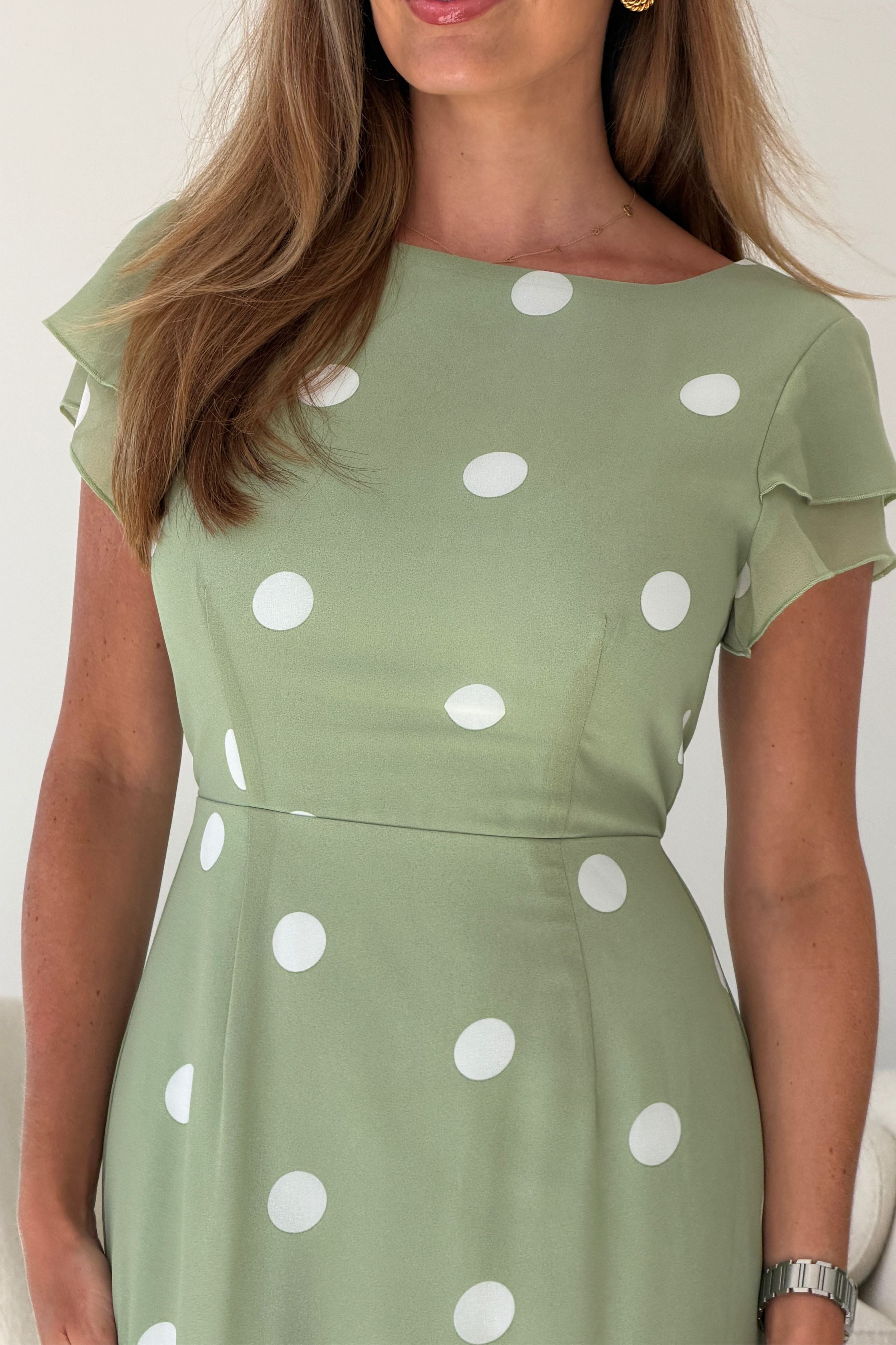 Roxy Boat Neck Frill Midi Sage Spot