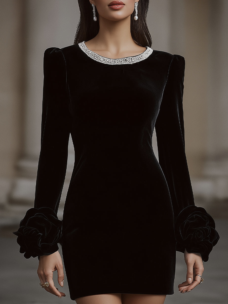 Léon Varel Elegant Velvet Mini Dress With Embellished Neckline And Floral Cuff Detail