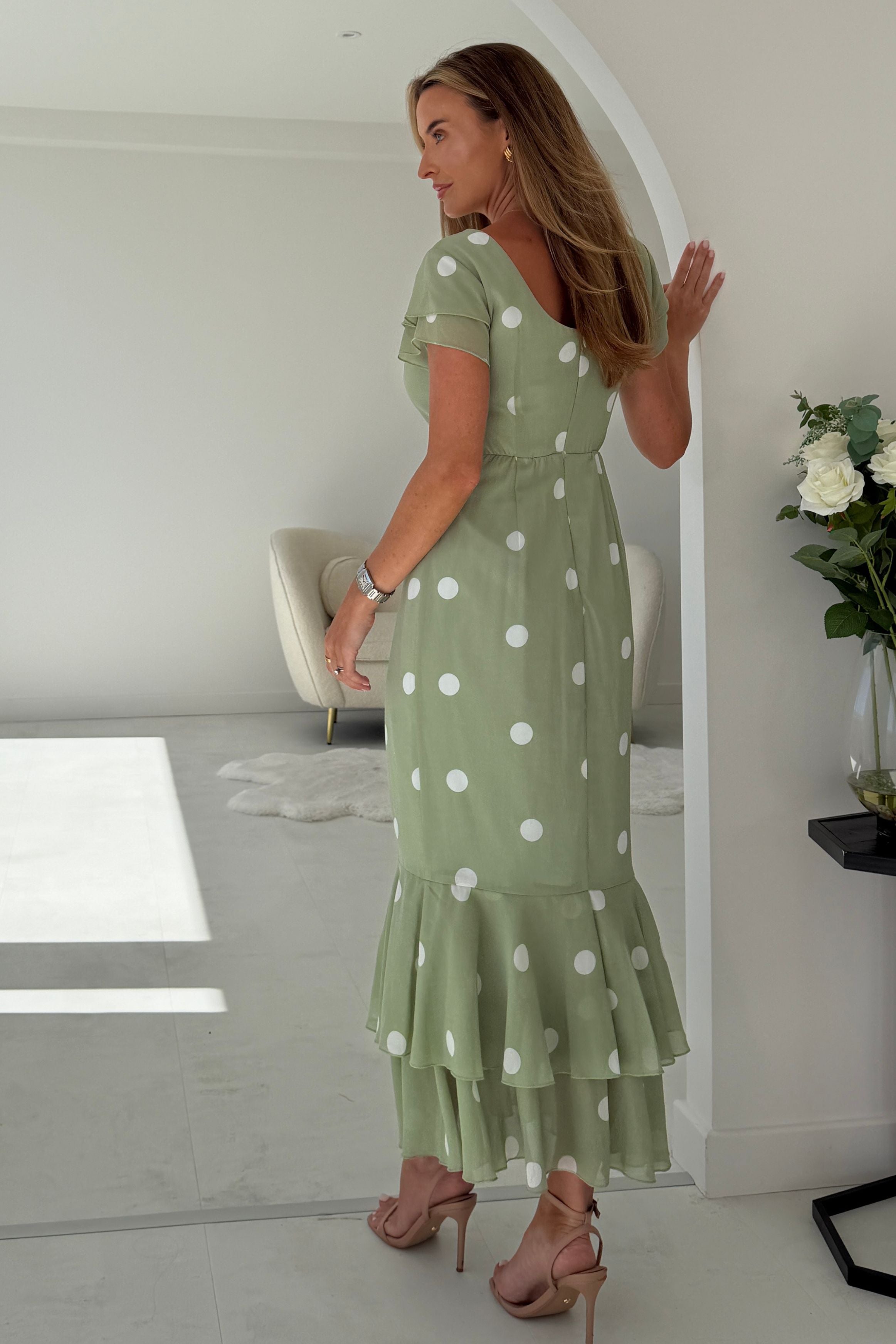 Roxy Boat Neck Frill Midi Sage Spot