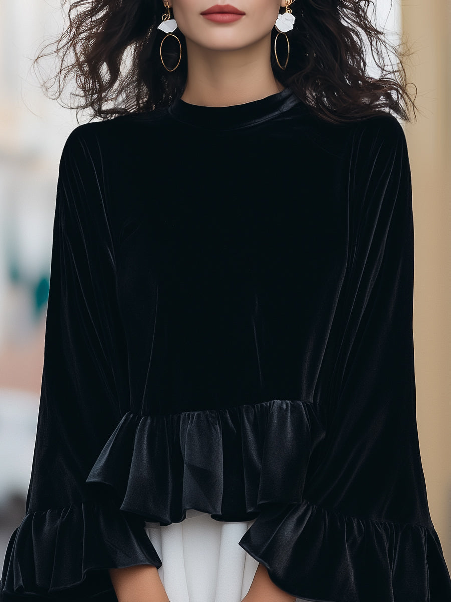 Léon Varel Round Neck Velvet Ruffle-Trim Blouse