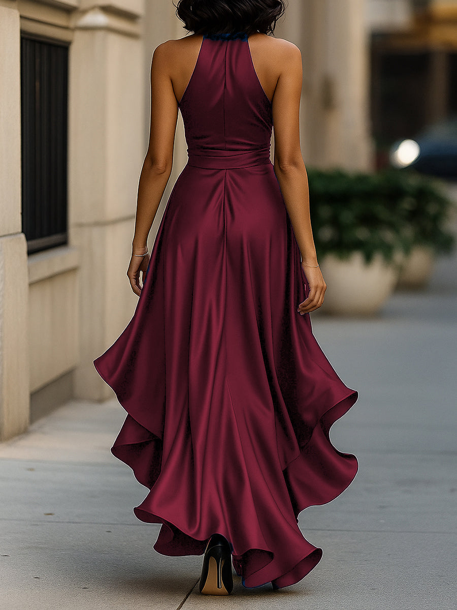 Léon Varel Midnight Elegance Satin Halter Ruffle Gown