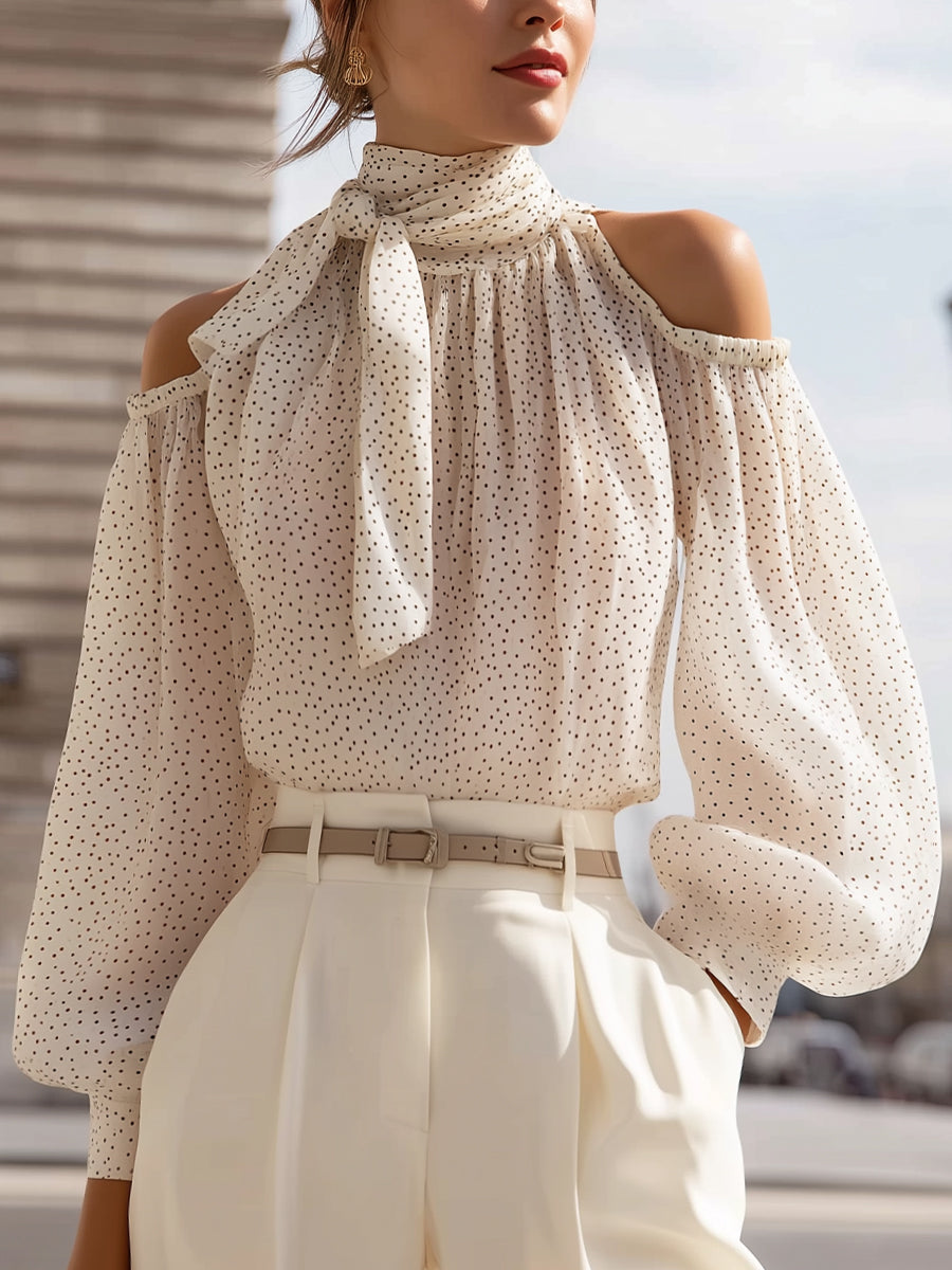 Léon Varel Polka Dot Cold-Shoulder Chiffon Blouse With Scarf Tie