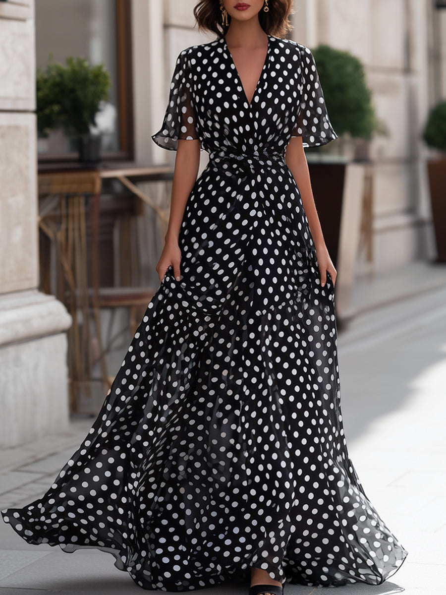 Léon Varel Polka Dot Chiffon V-Neck Maxi Dress
