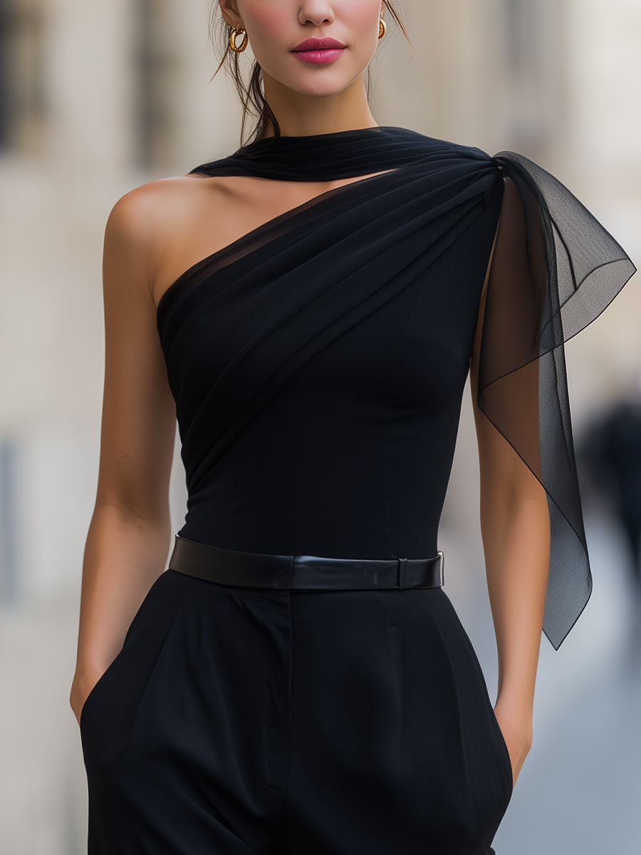 Léon Varel One-Shoulder Chiffon-Panel Draped Top Blouse