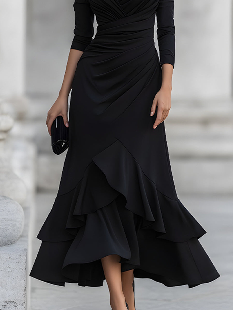 Léon Varel One-Shoulder Ruched Asymmetric Ruffle Hem Maxi Dress