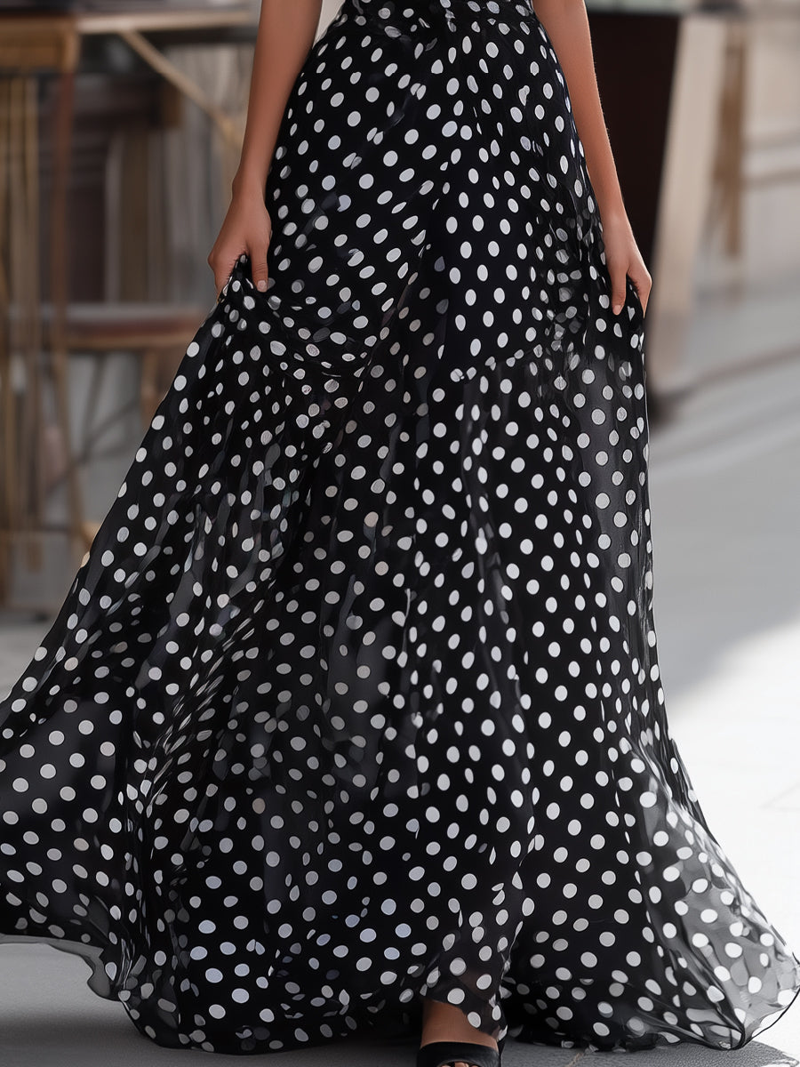 Léon Varel Polka Dot Chiffon V-Neck Maxi Dress