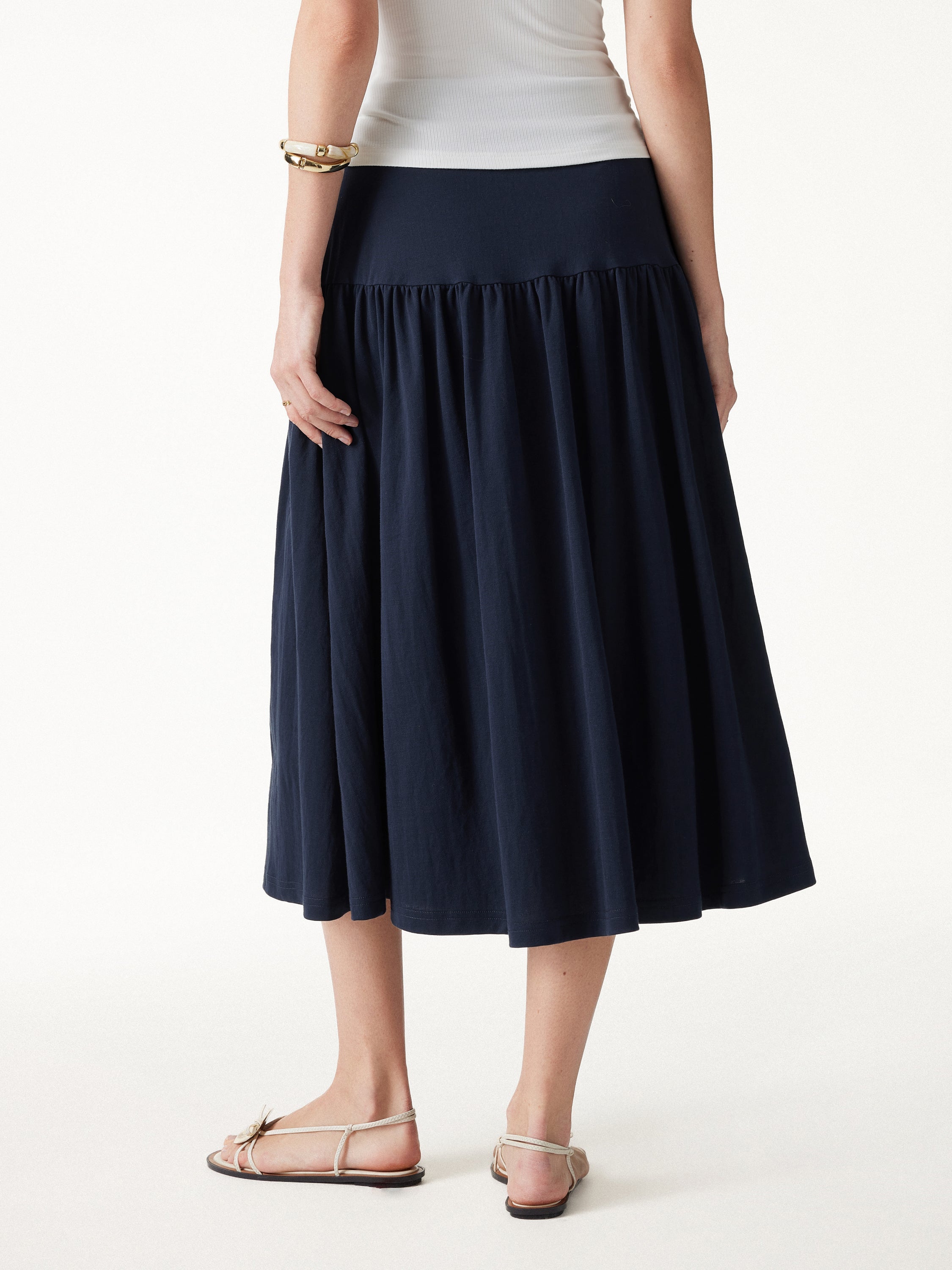 Cotton-Linen Gathered Midi Skirt with Pockets