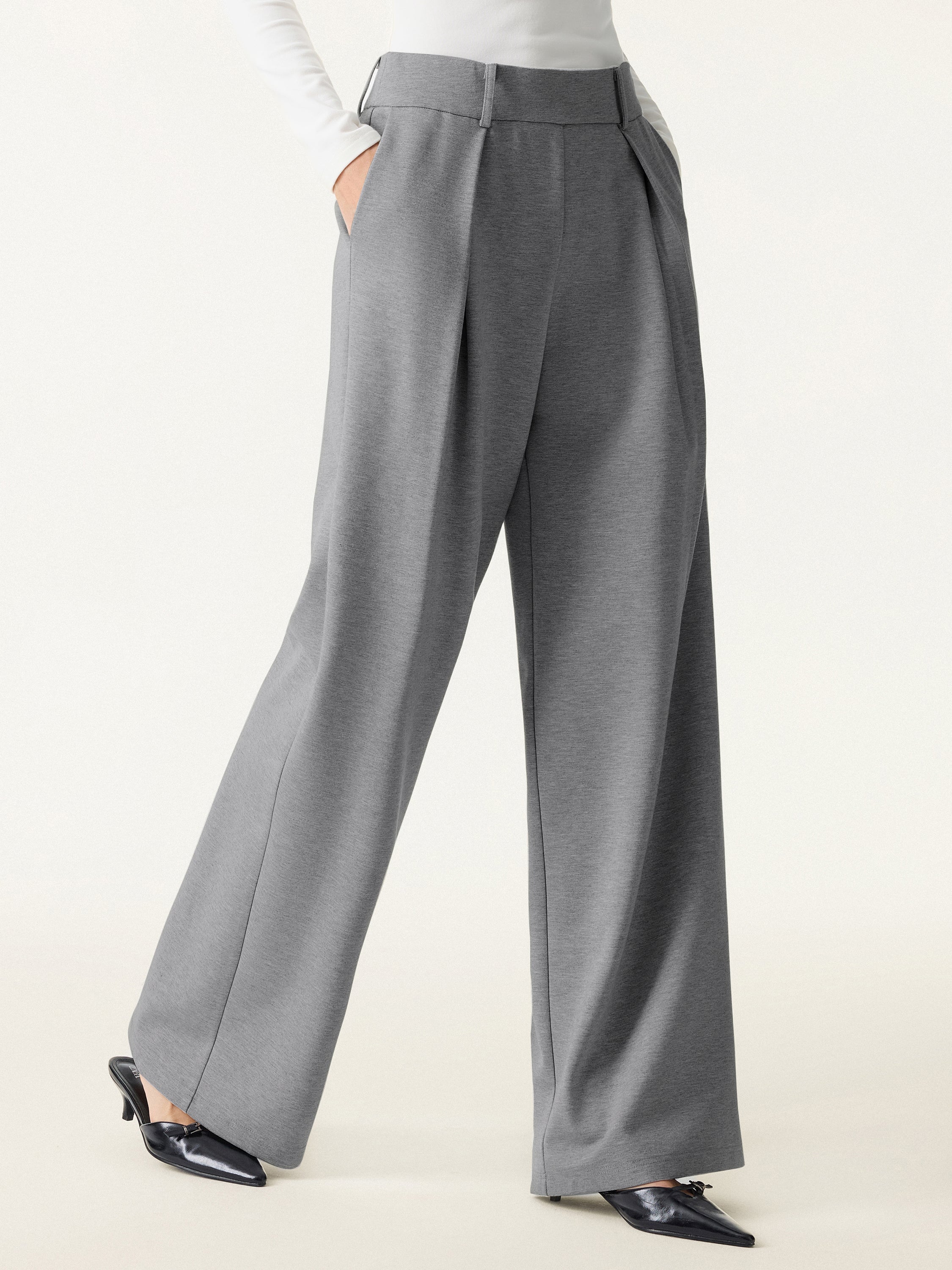 Wrinkle-Resistant Stretchy High Rise Wide Leg Pant with Pockets