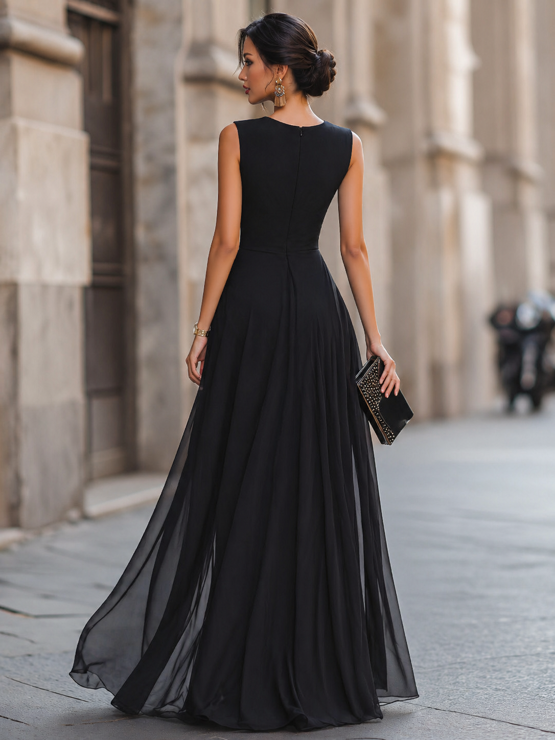 Léon Varel Draped High-Slit Layered Maxi Evening Dress