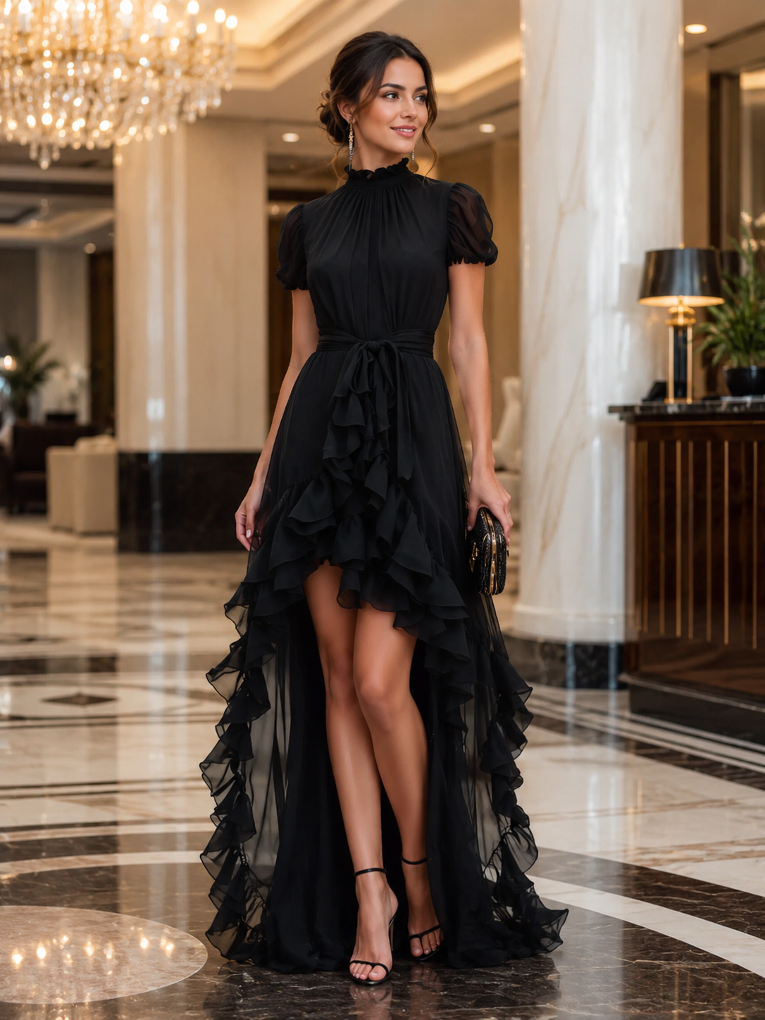 Léon Varel Sheer Ruffle High-Low Tie Waist Maxi Dress
