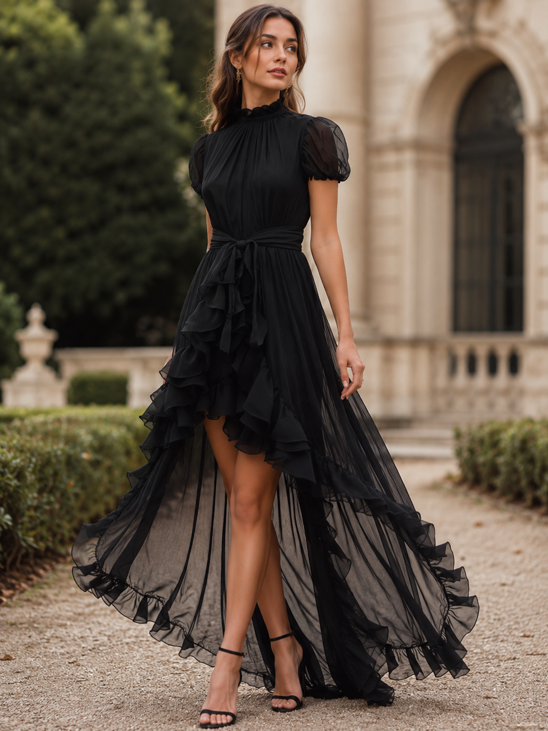 Léon Varel Sheer Ruffle High-Low Tie Waist Maxi Dress