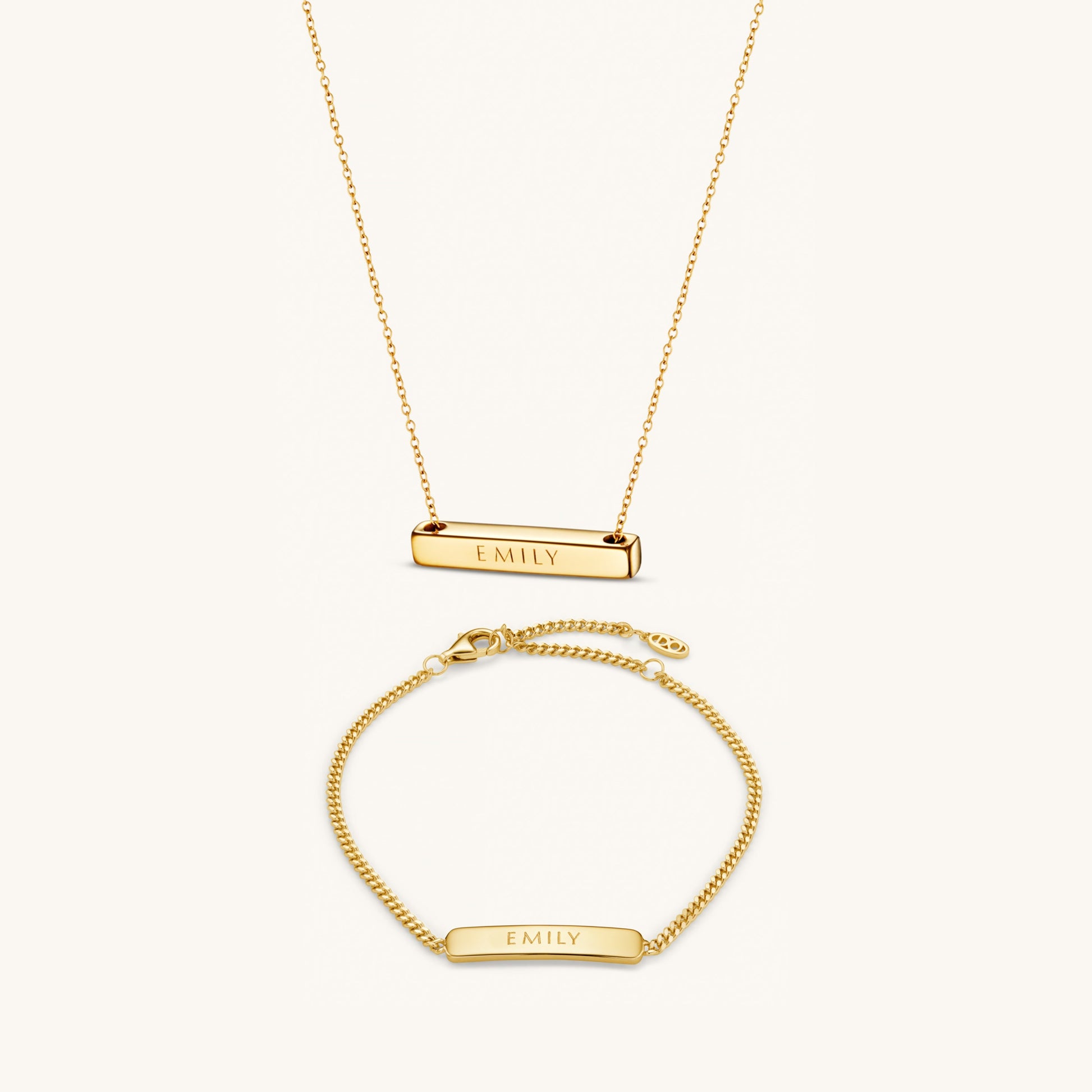 Personalised Set 3cm Letter Bar & Engraved Bracelet – Gold by Léon Varel