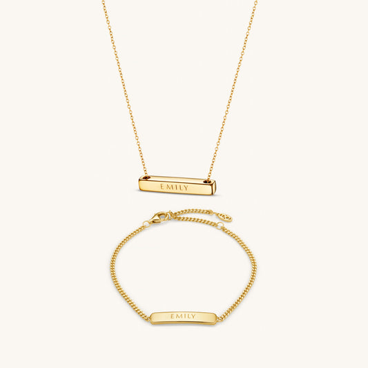 Personalised Set 3cm Letter Bar & Engraved Bracelet – Gold by Léon Varel