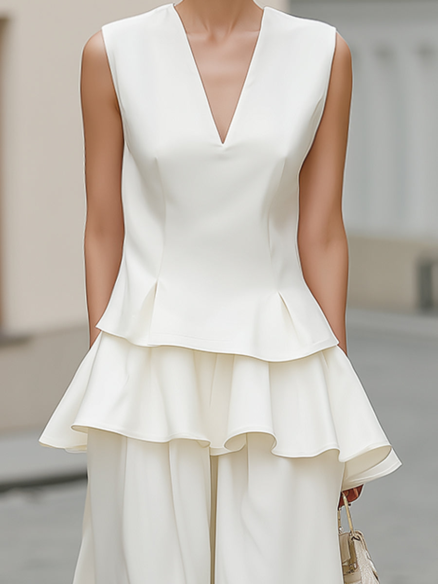 Léon Varel Layered Peplum V-Neck Top And Wide-Leg Pants Set