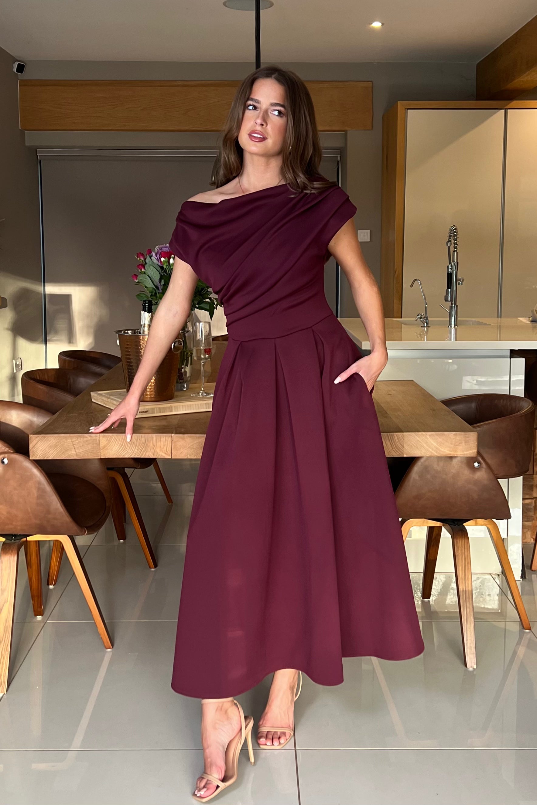 Betty Asymmetric Neckline Skater Midi Plum