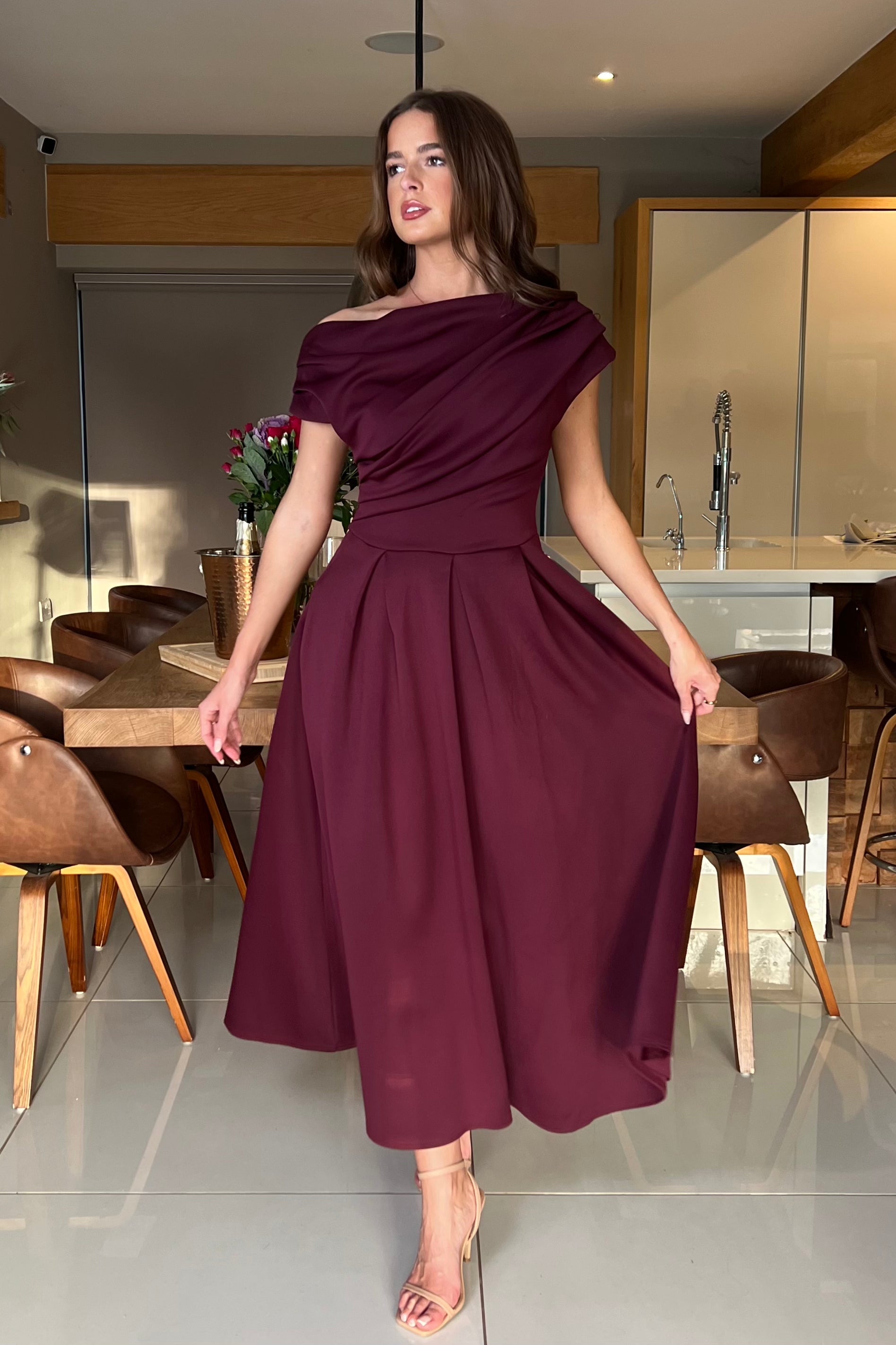 Betty Asymmetric Neckline Skater Midi Plum