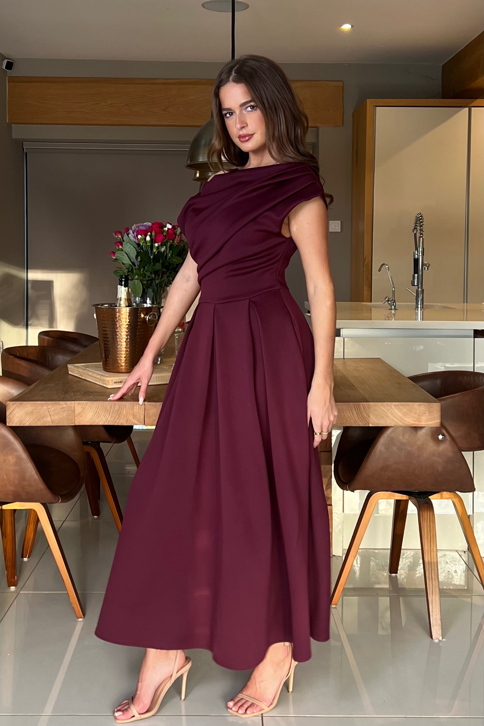 Betty Asymmetric Neckline Skater Midi Plum