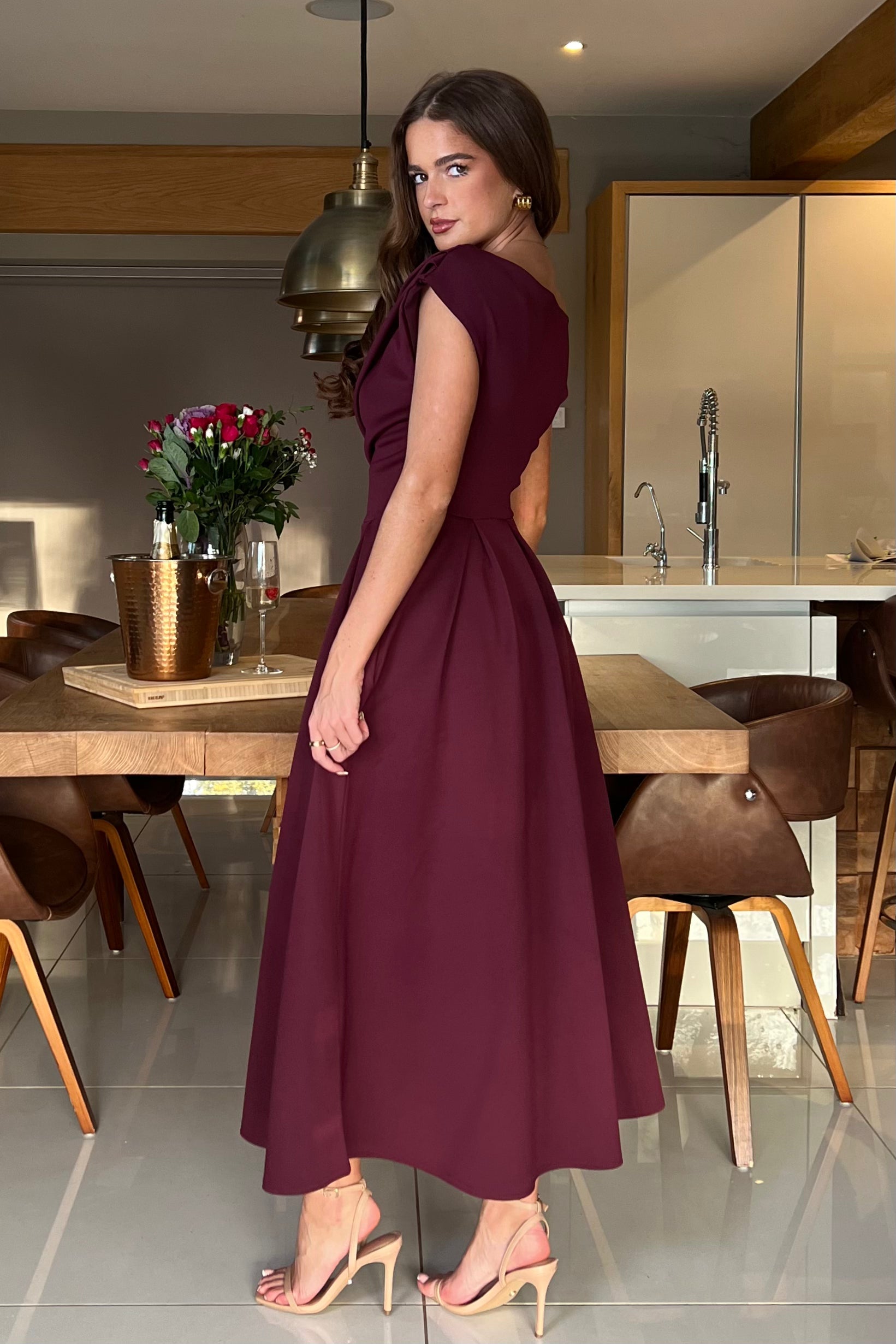 Betty Asymmetric Neckline Skater Midi Plum