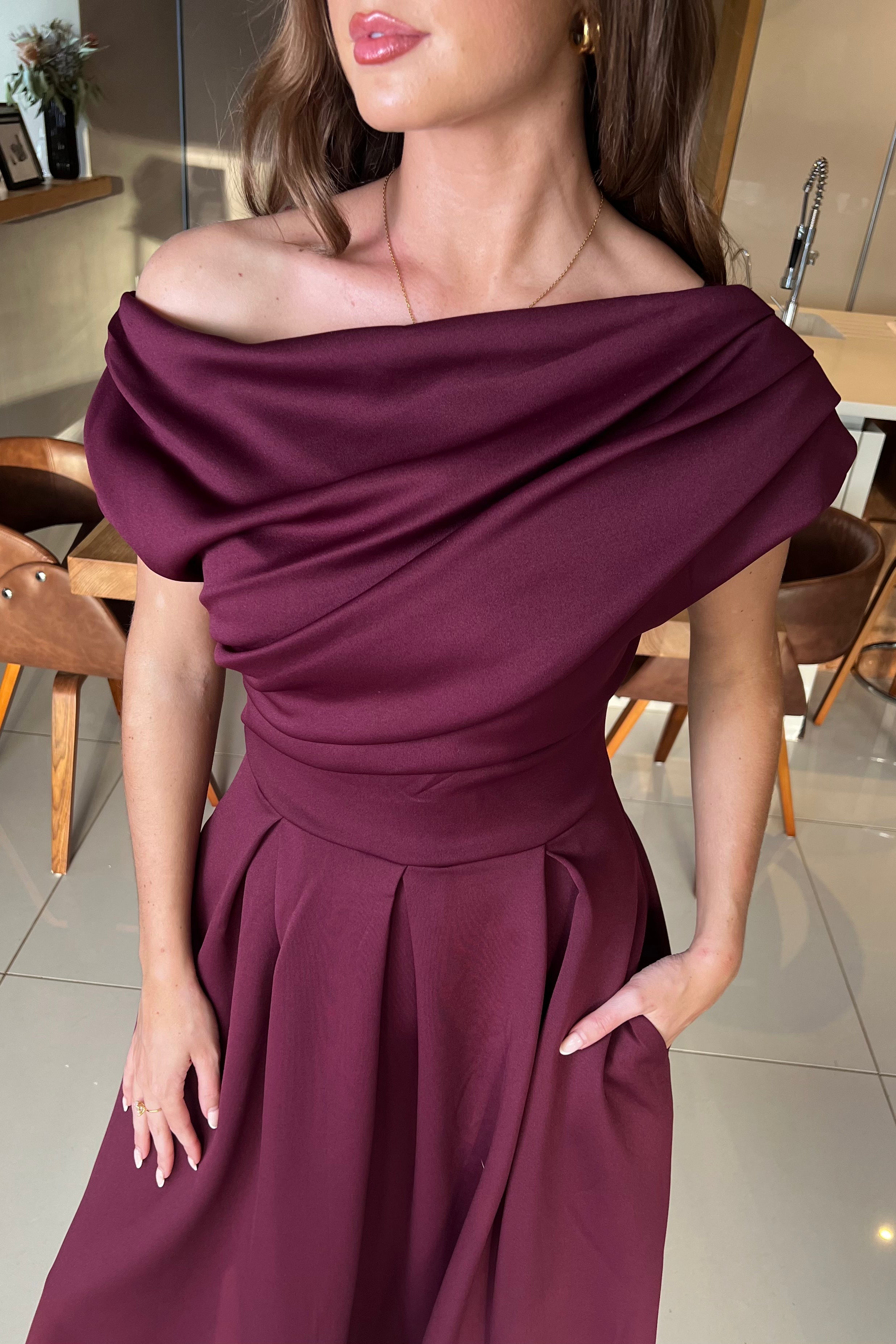 Betty Asymmetric Neckline Skater Midi Plum
