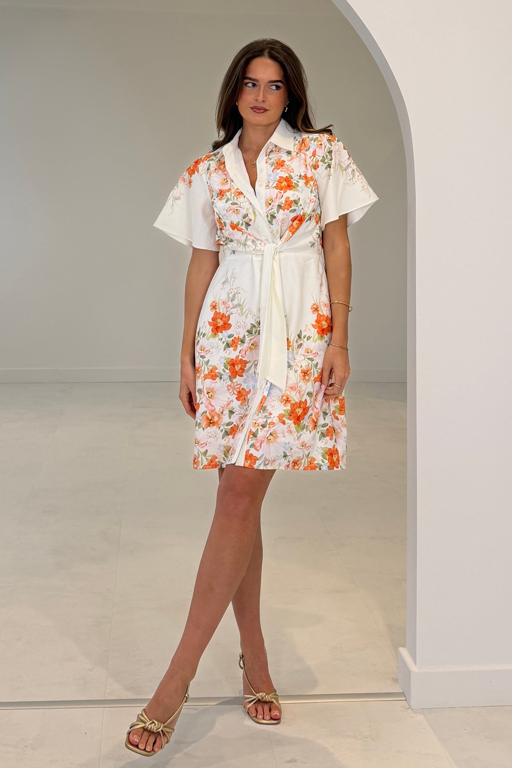 Livia Tie Waist Short Sleeve Printed Mini Dress Ivory