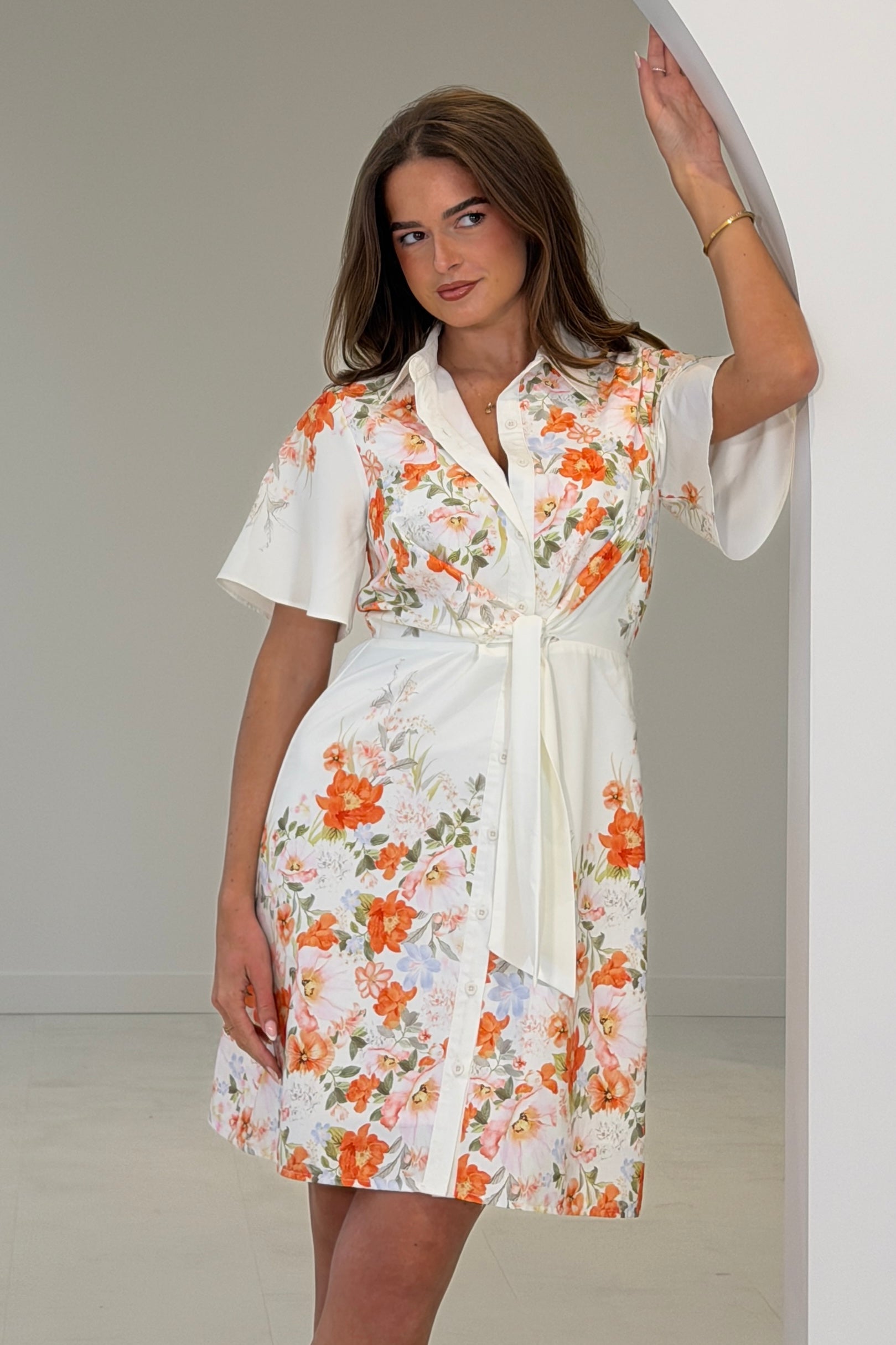 Livia Tie Waist Short Sleeve Printed Mini Dress Ivory