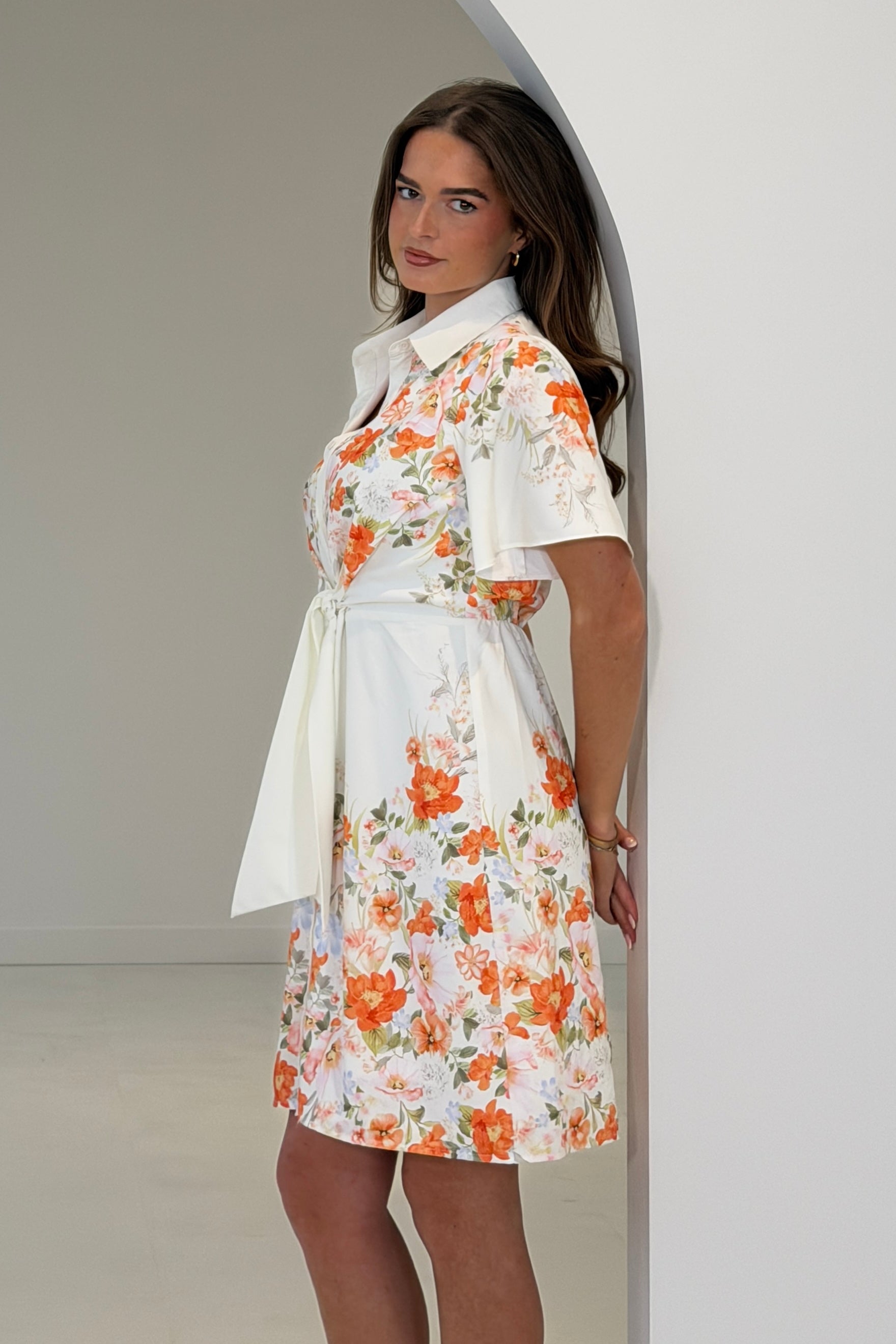 Livia Tie Waist Short Sleeve Printed Mini Dress Ivory