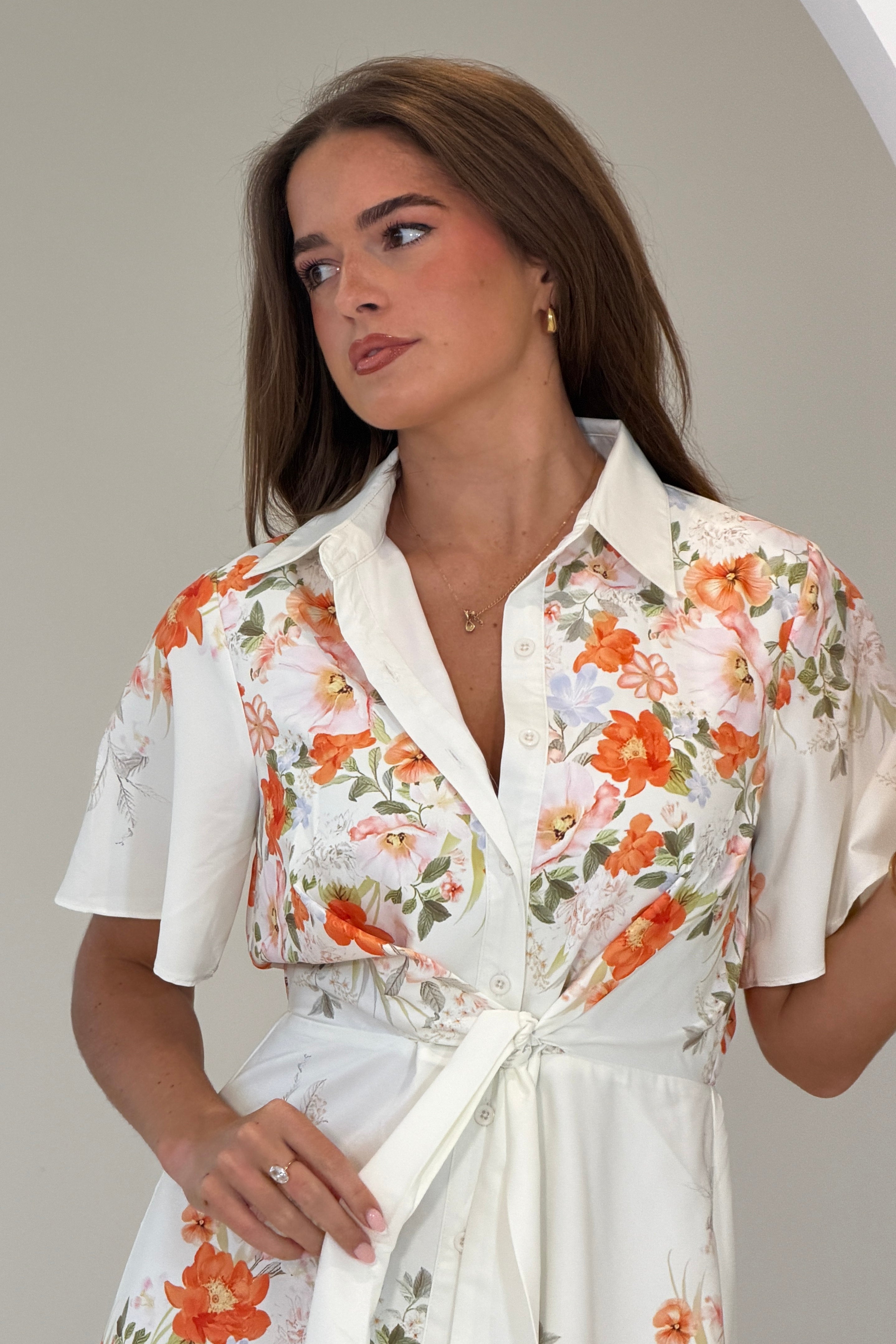 Livia Tie Waist Short Sleeve Printed Mini Dress Ivory