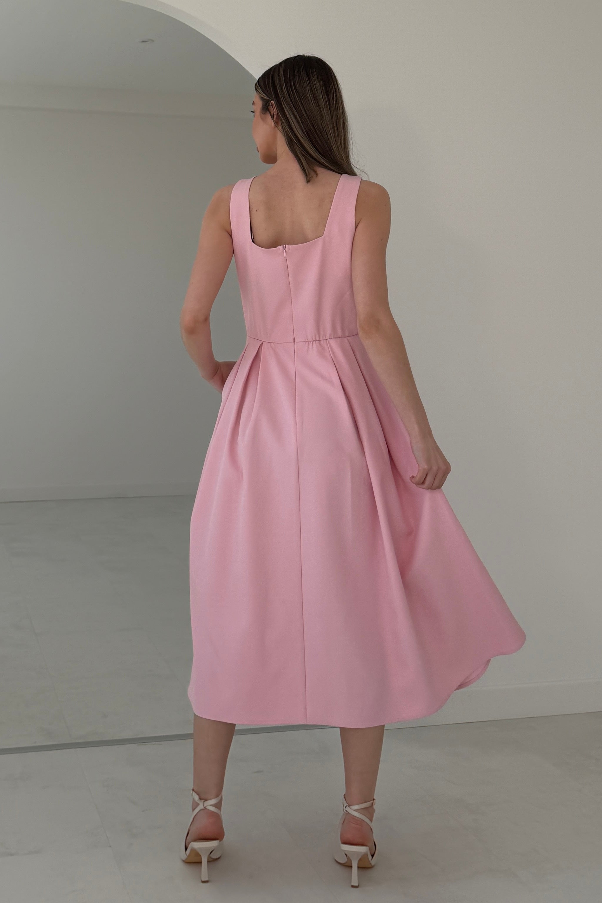 Nesta Boat Neck Skater Midi Dress Pink