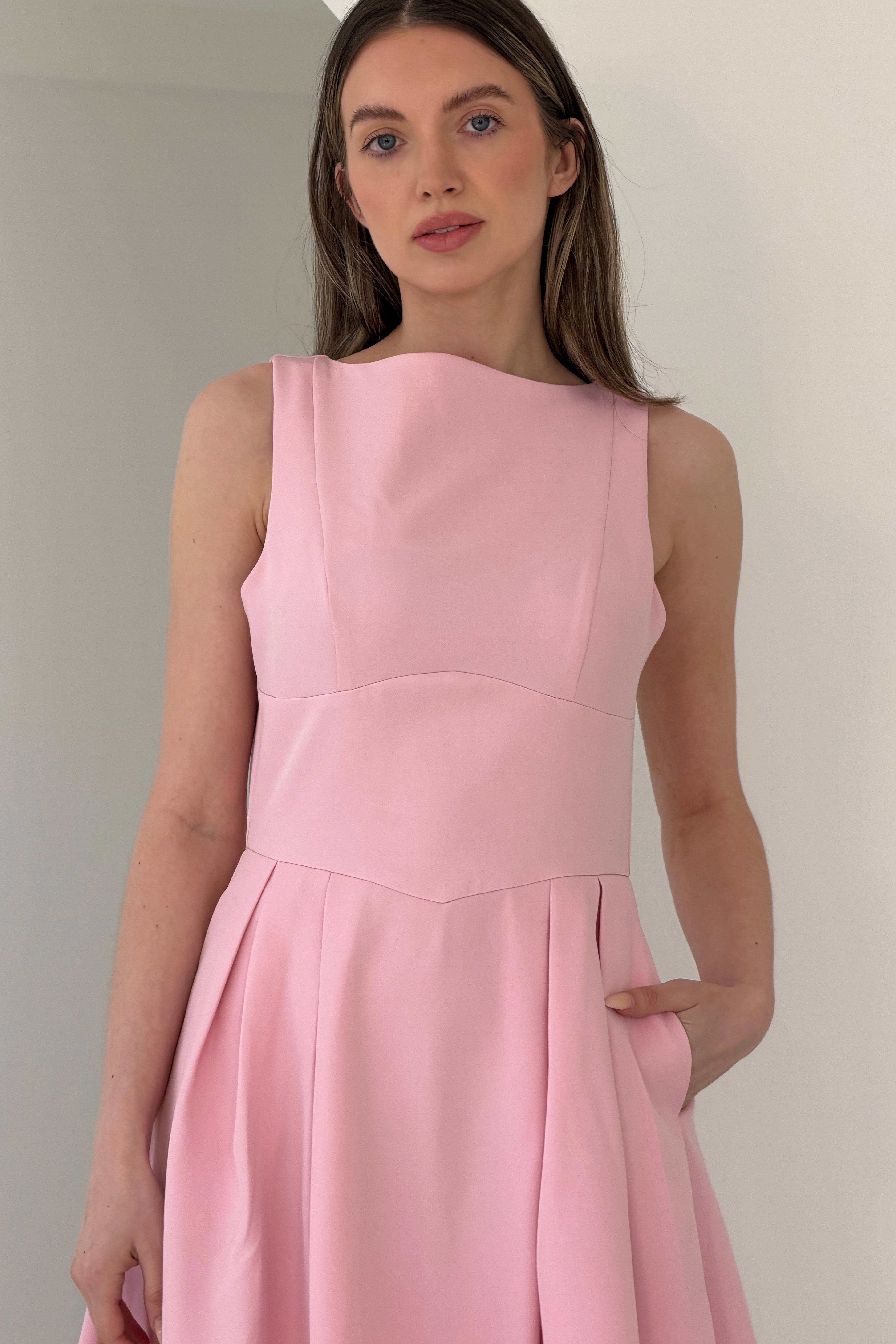 Nesta Boat Neck Skater Midi Dress Pink