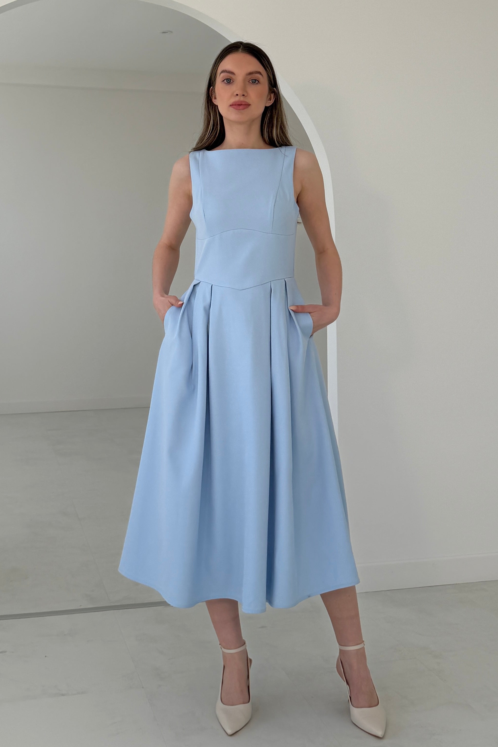 Nesta Boat Neck Skater Midi Dress Blue