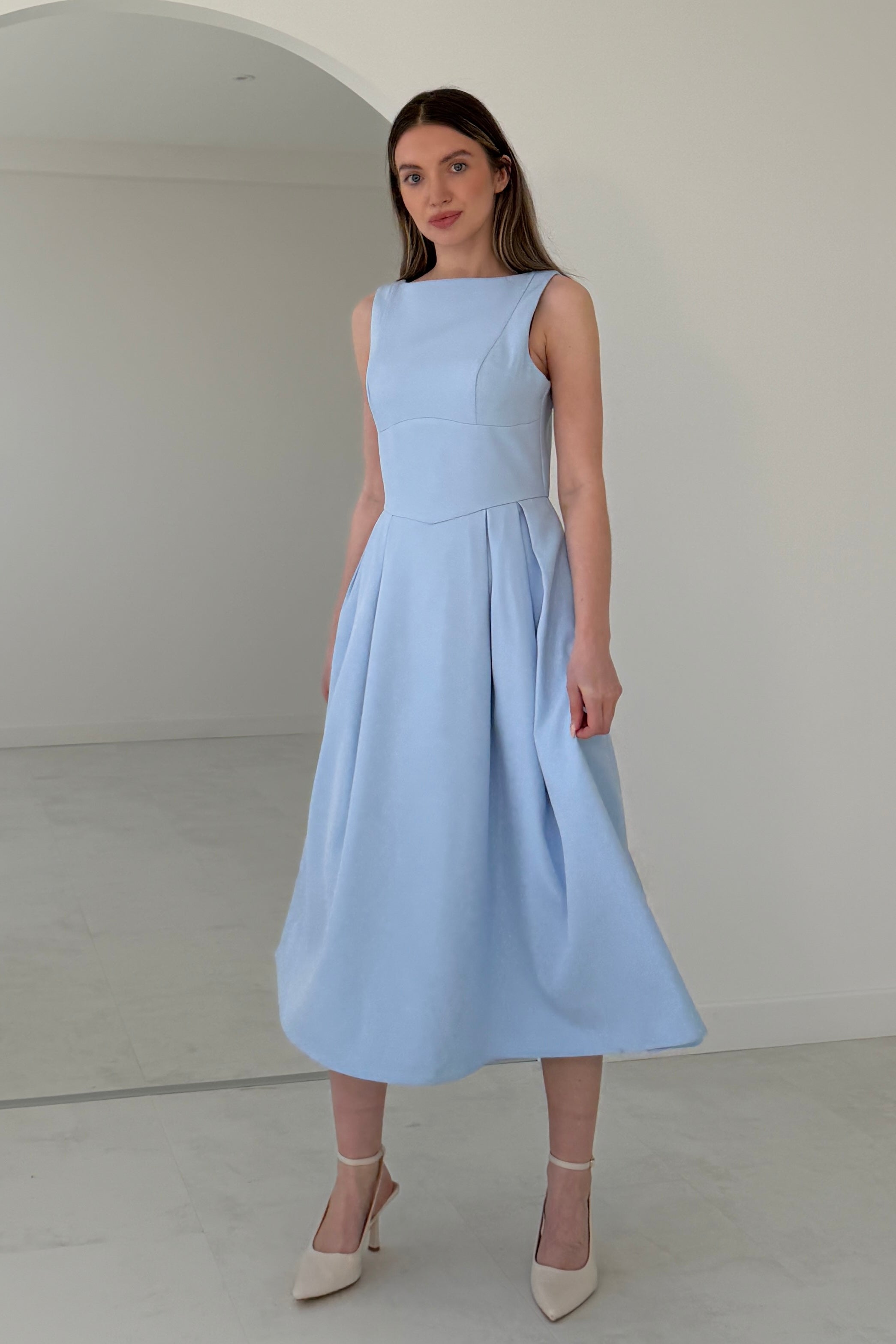 Nesta Boat Neck Skater Midi Dress Blue