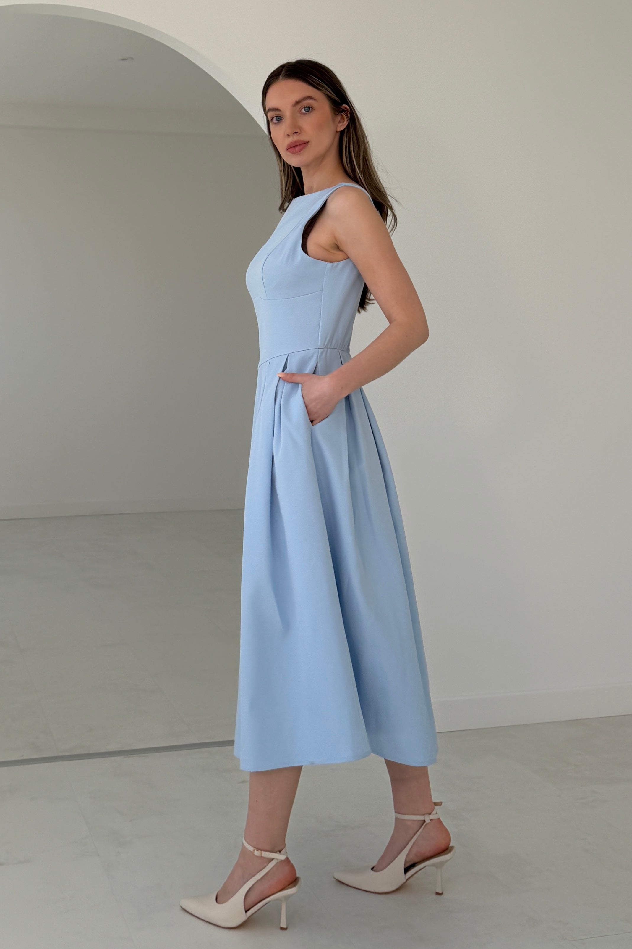 Nesta Boat Neck Skater Midi Dress Blue