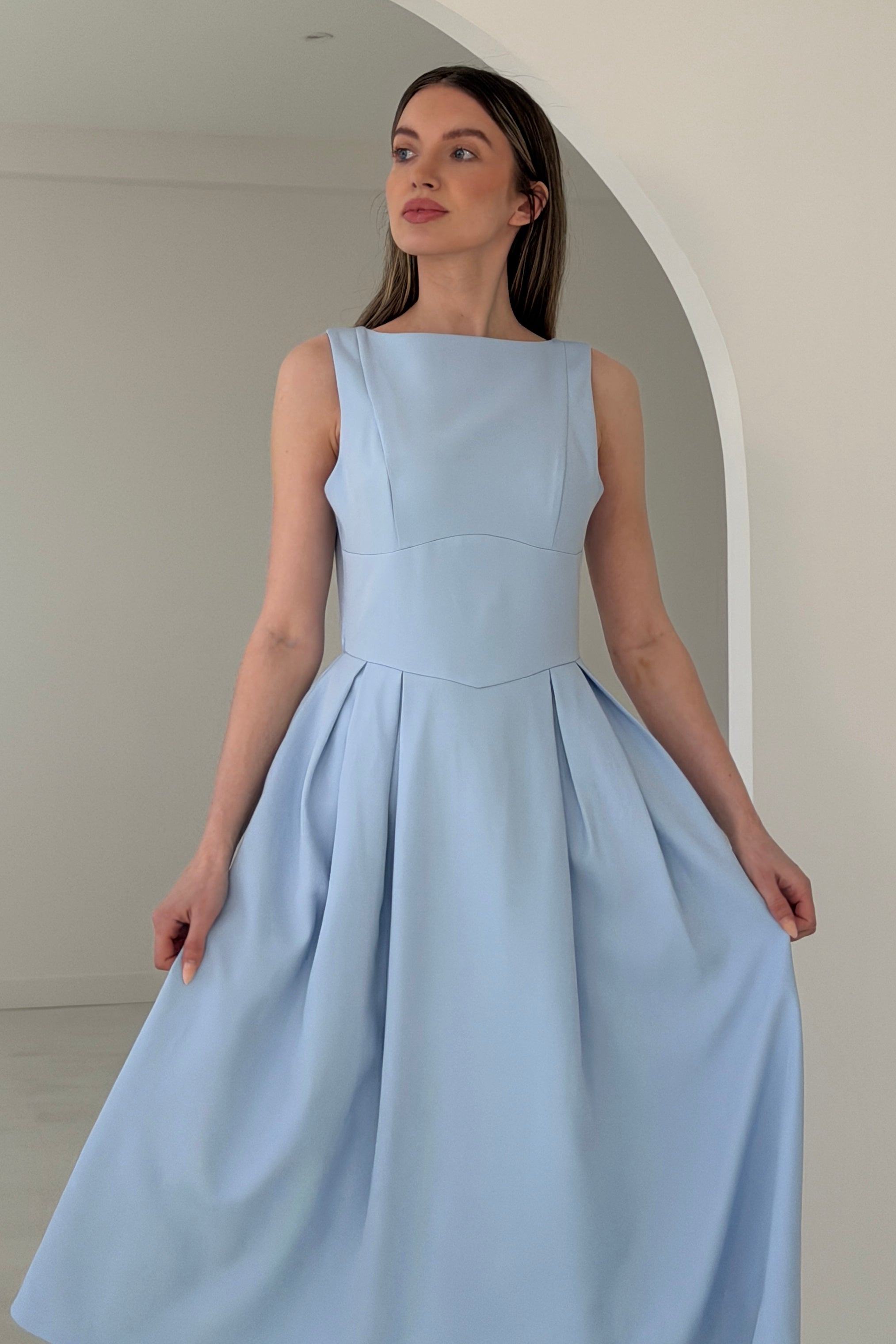 Nesta Boat Neck Skater Midi Dress Blue