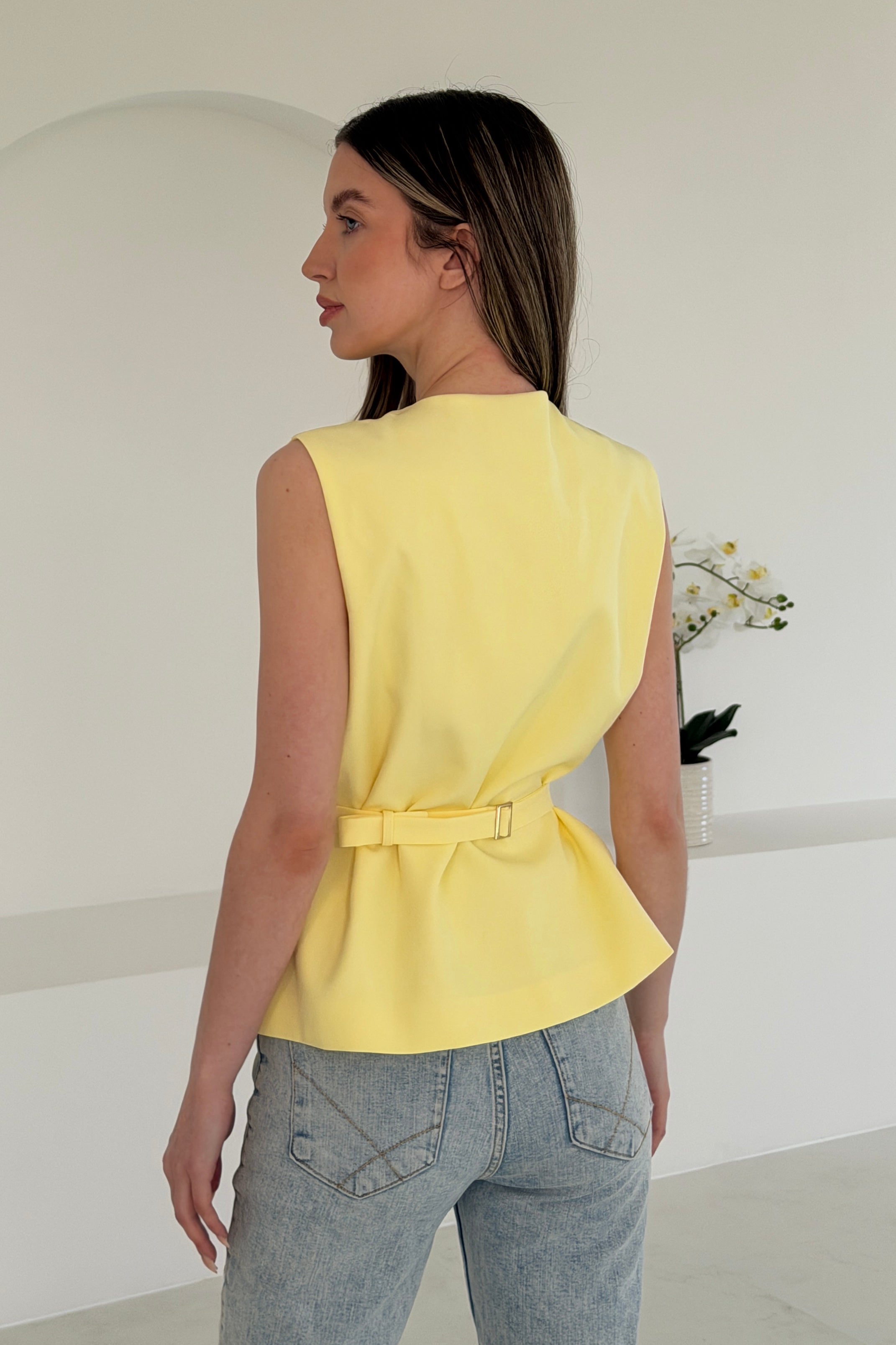 Luni Belted Button Waistcoat Yellow
