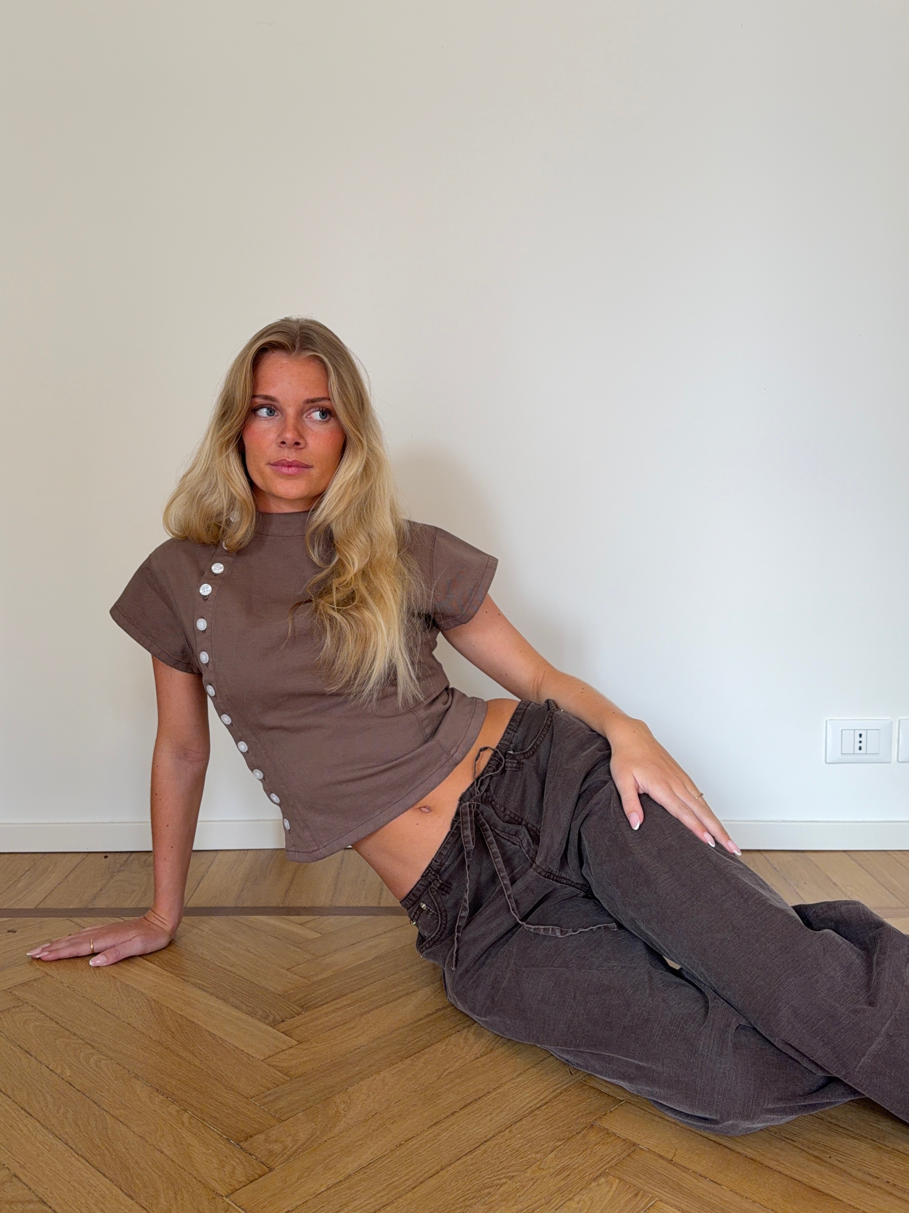 Kara fitted pearl high neck top - Brown