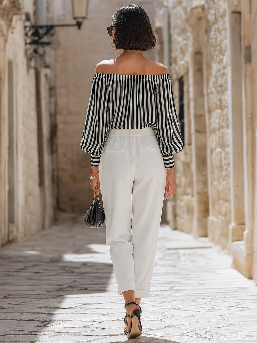 Léon Varel Chic Off-the-Shoulder Striped Blouse & High-Waisted Tailored Trousers Set