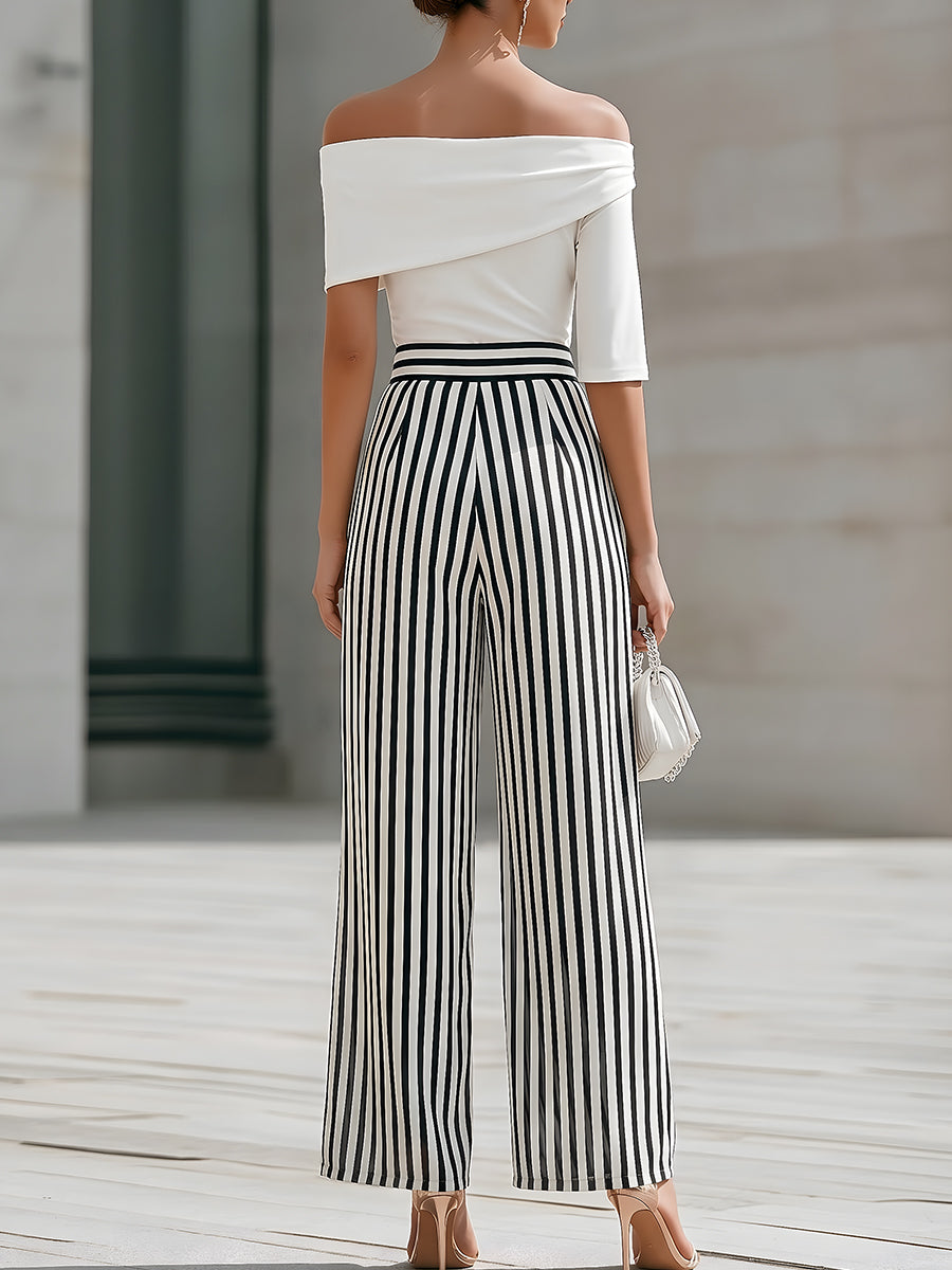 Léon Varel Off-Shoulder Draped Top And Striped Wide-Leg Pants Set